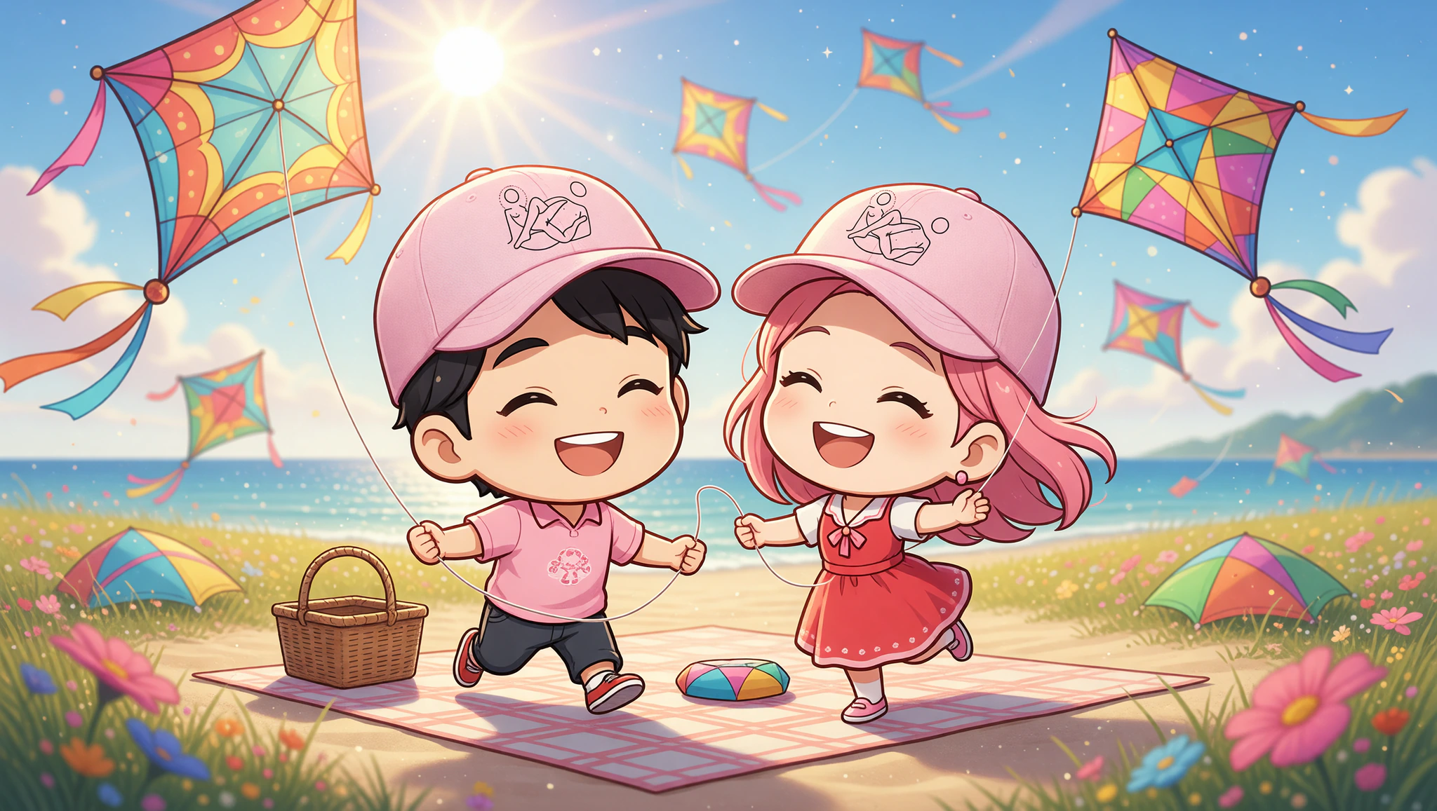 Playful couple in Kamasutra Cute pastel baseball hats enjoying kite festival date.