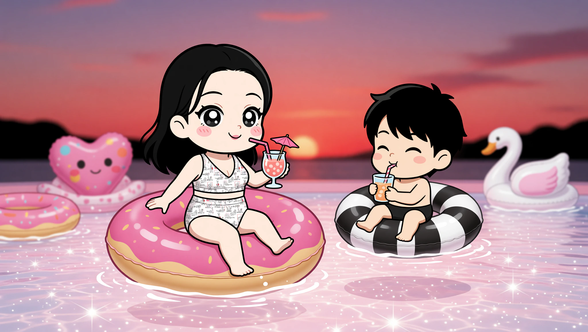 Couple enjoying flirty poolside cocktail date in Kamasutra Cute bikini