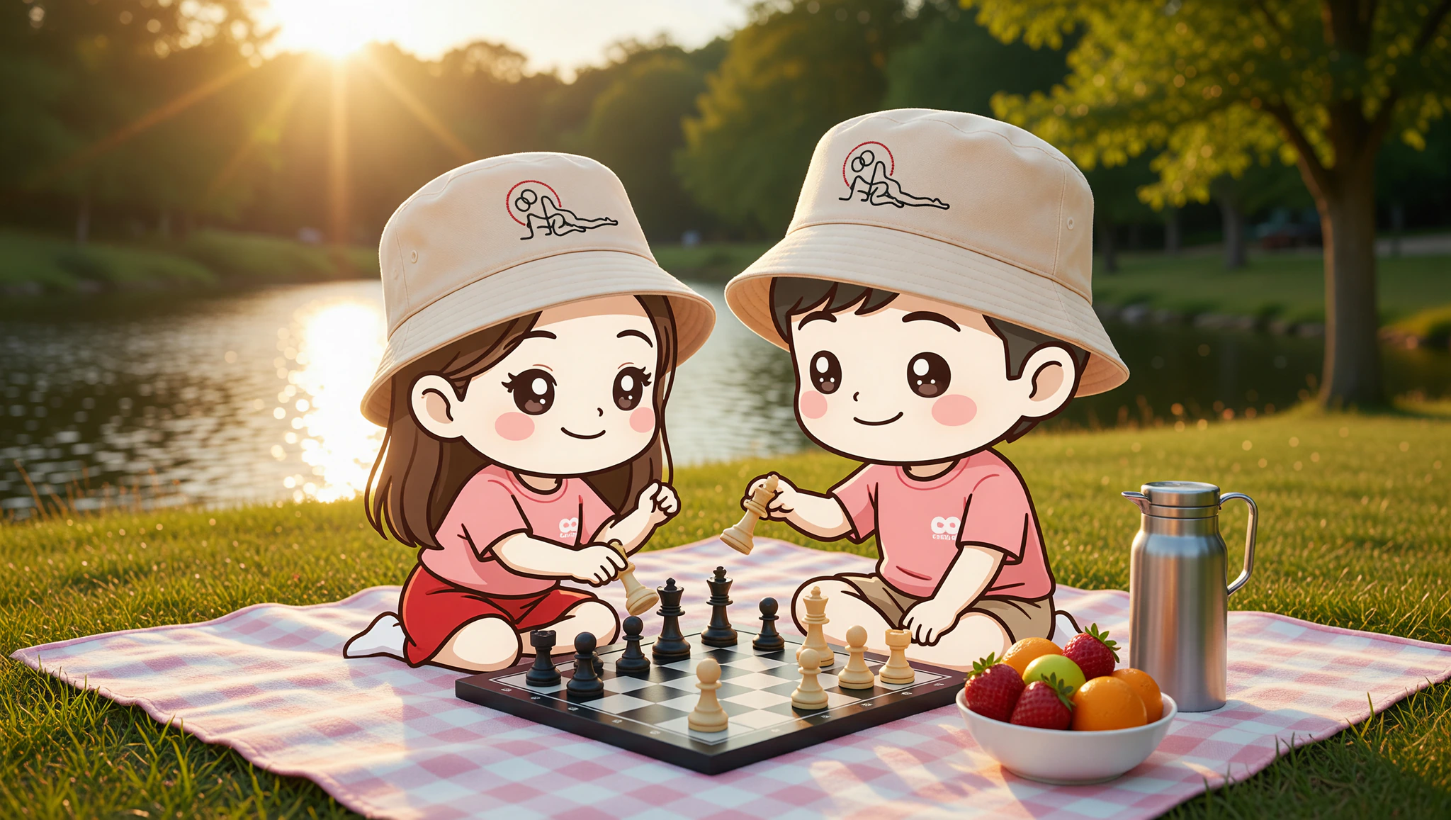 Couple in Kamasutra Cute bucket hats on playful outdoor park chess date.