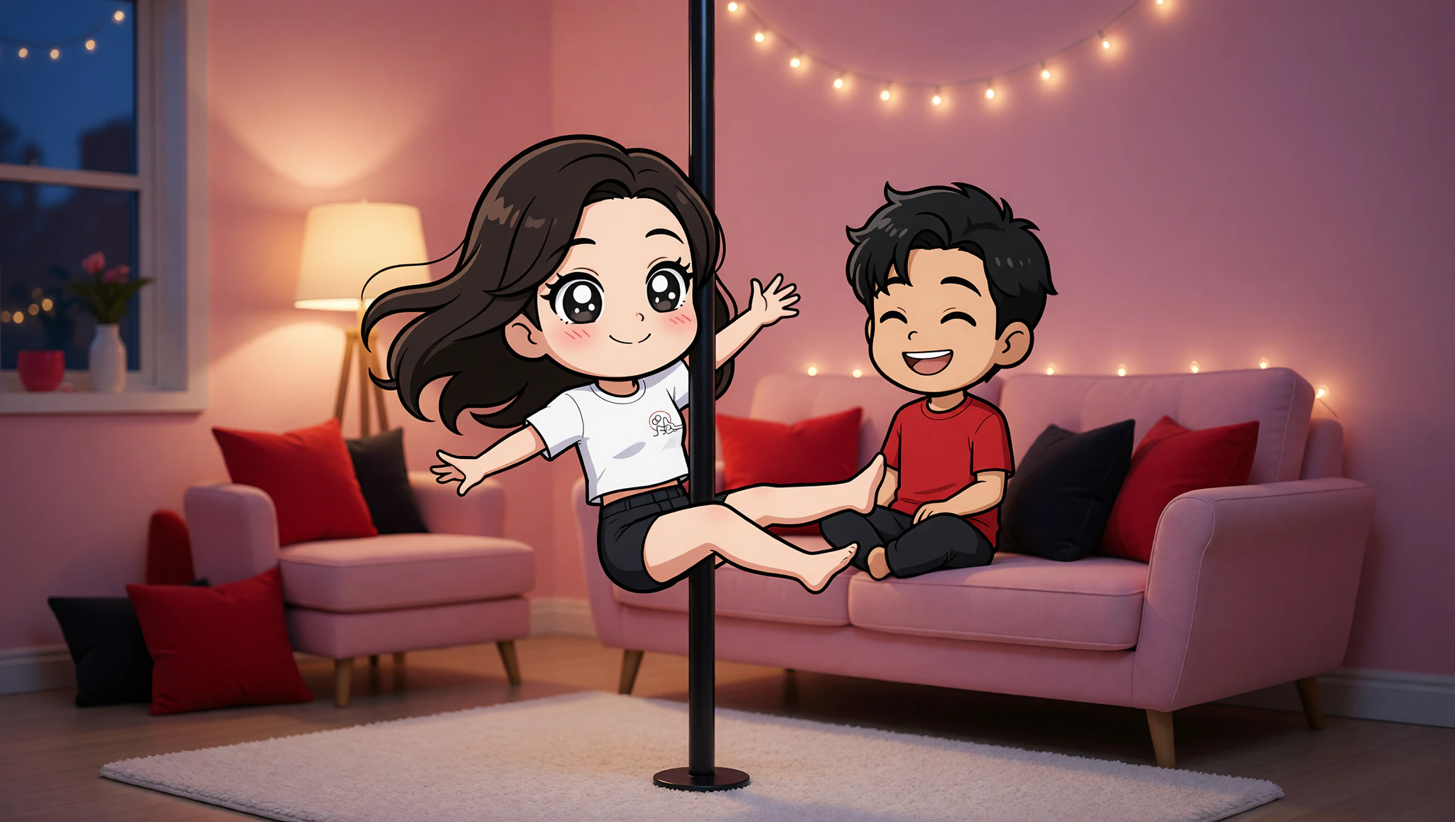 Couple’s playful home pole dancing in Kamasutra crop top