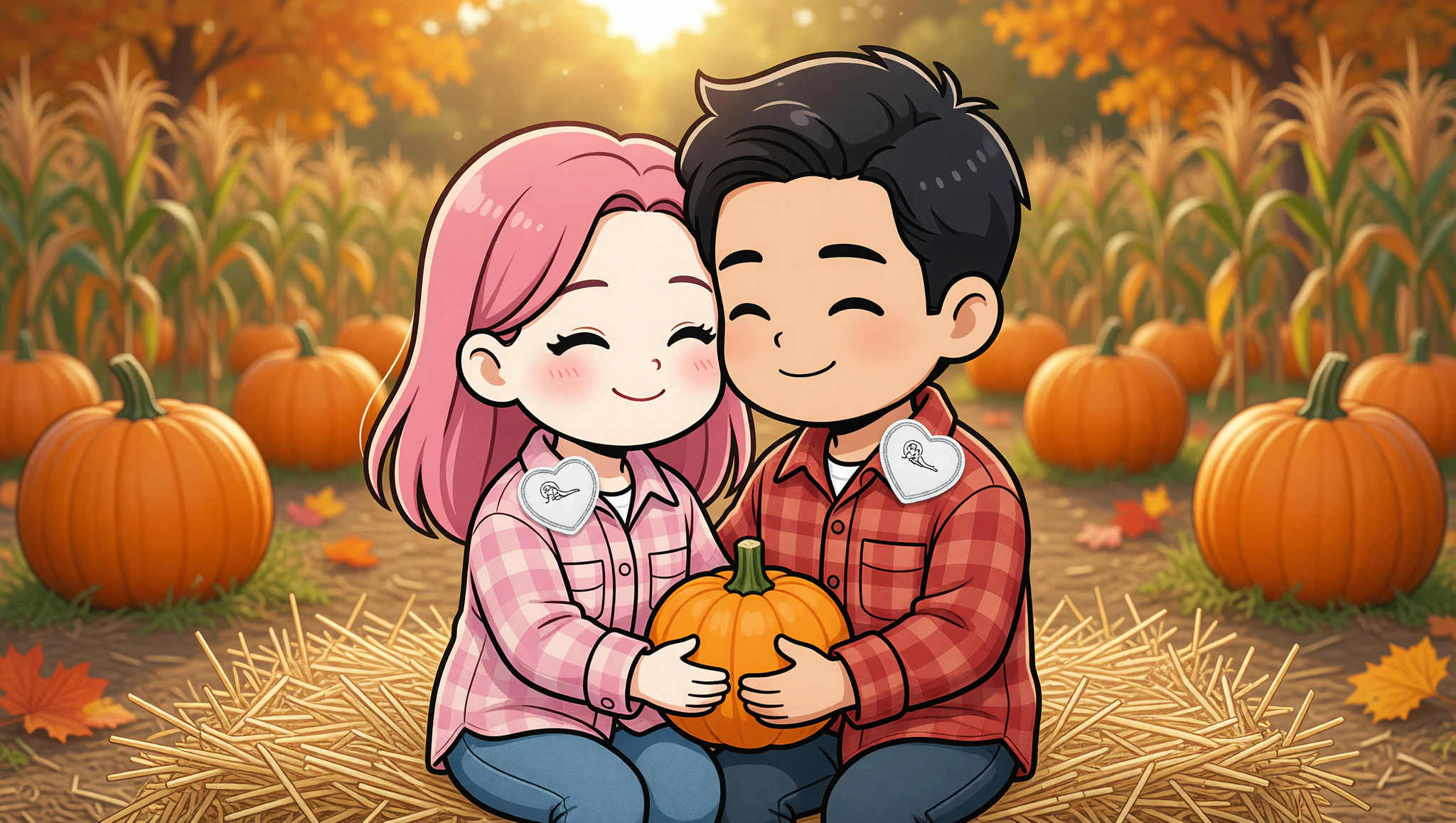 Couple on pumpkin patch hayride flaunting Kamasutra cute embroidered patches for flirty fall date.