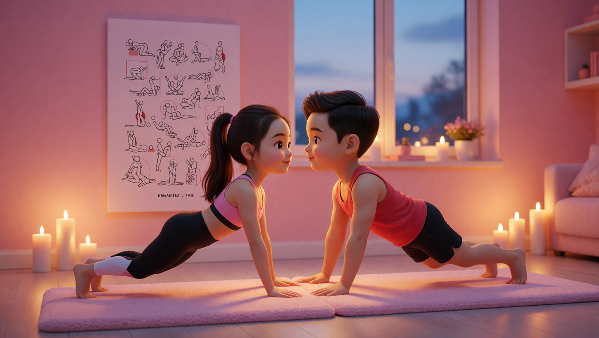 Couple enjoying yoga date night inspired by Kamasutra Cute framed poster.