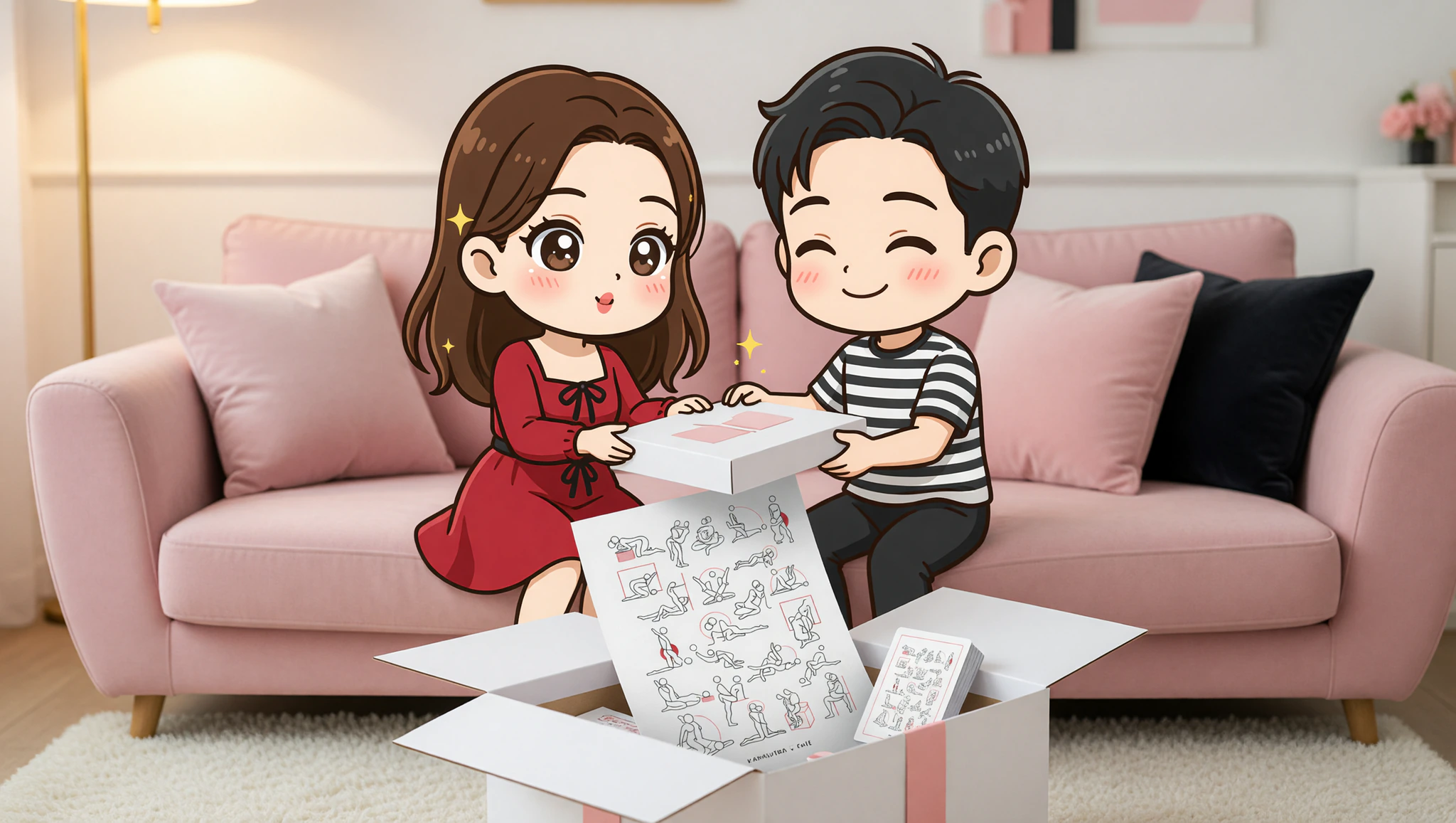 Couple opening playful Kamasutra themed gifts together at home