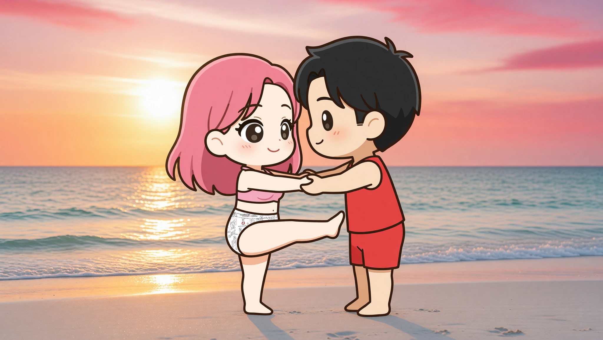 Couple in sunrise beach yoga with Kamasutra Cute high-waisted bikini bottom