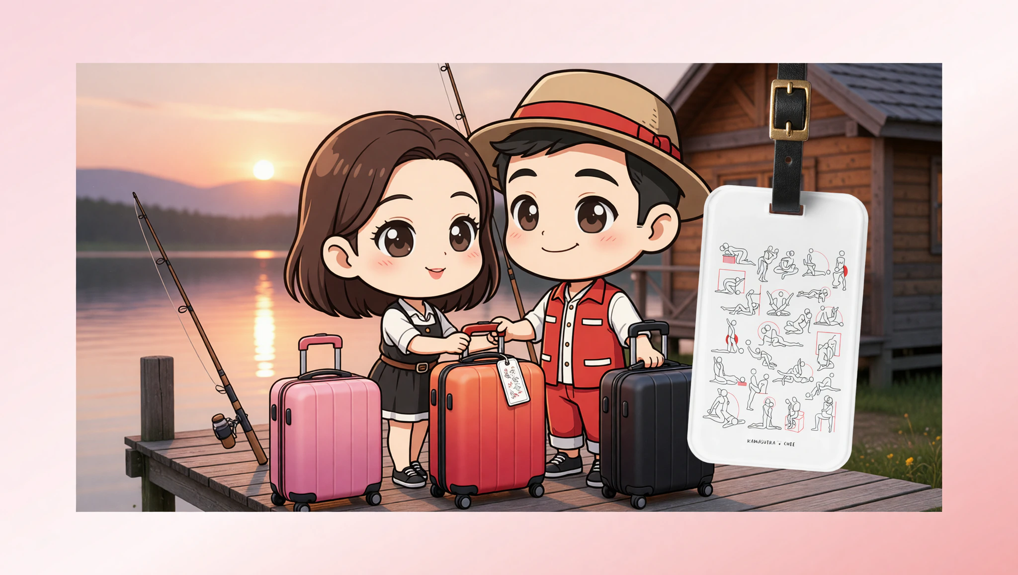 Couple tagging luggage for fishing cabin adventure with Kamasutra Cute tags
