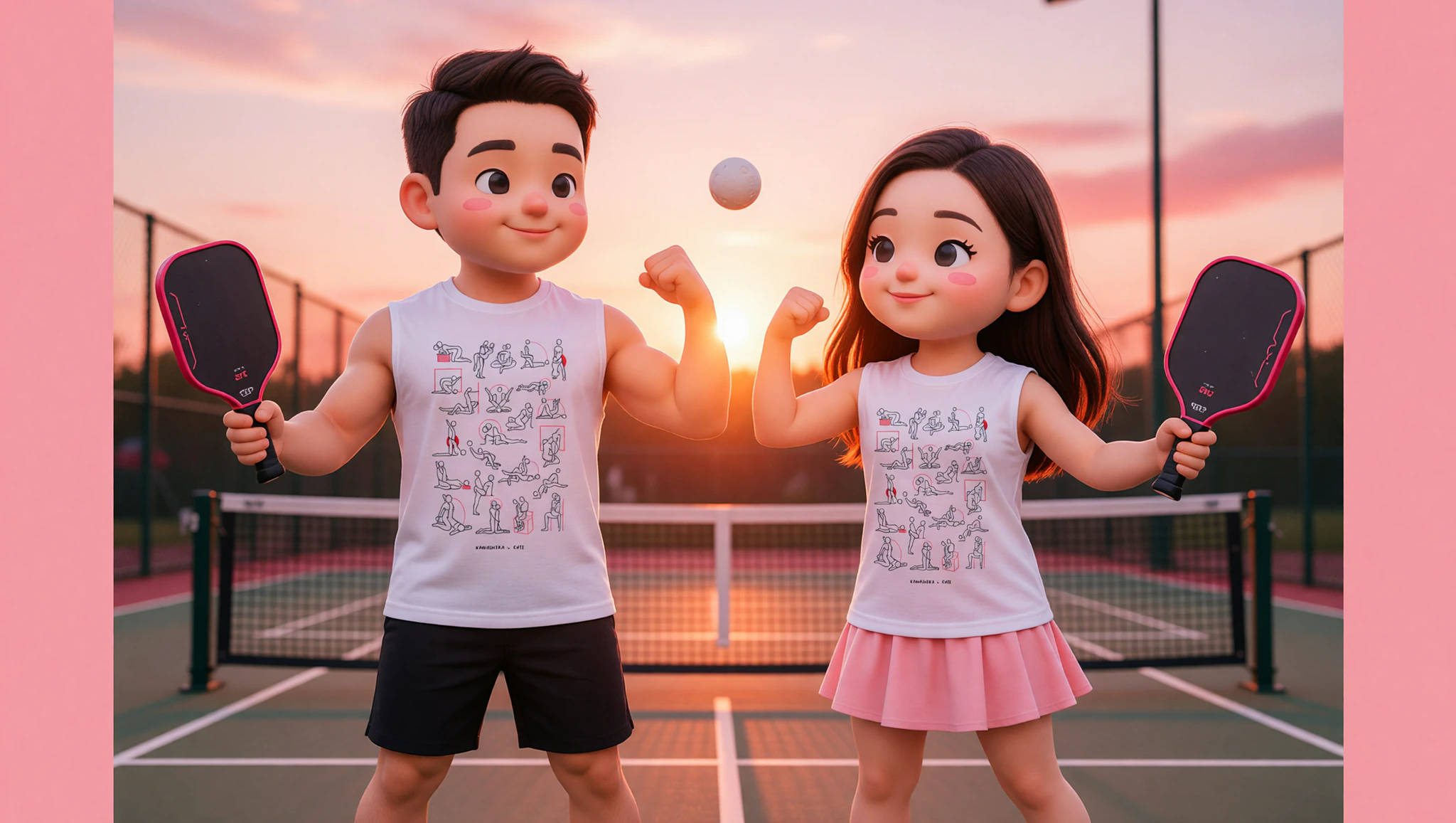 Couple in Kamasutra Cute Muscle Shirts dominating pickleball court showdown