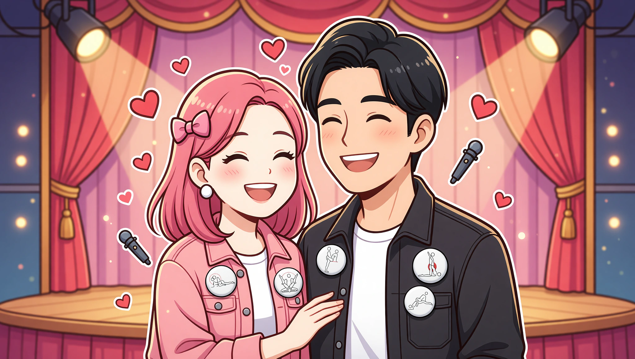 Chibi couple giggling at comedy club with Kamasutra pins.