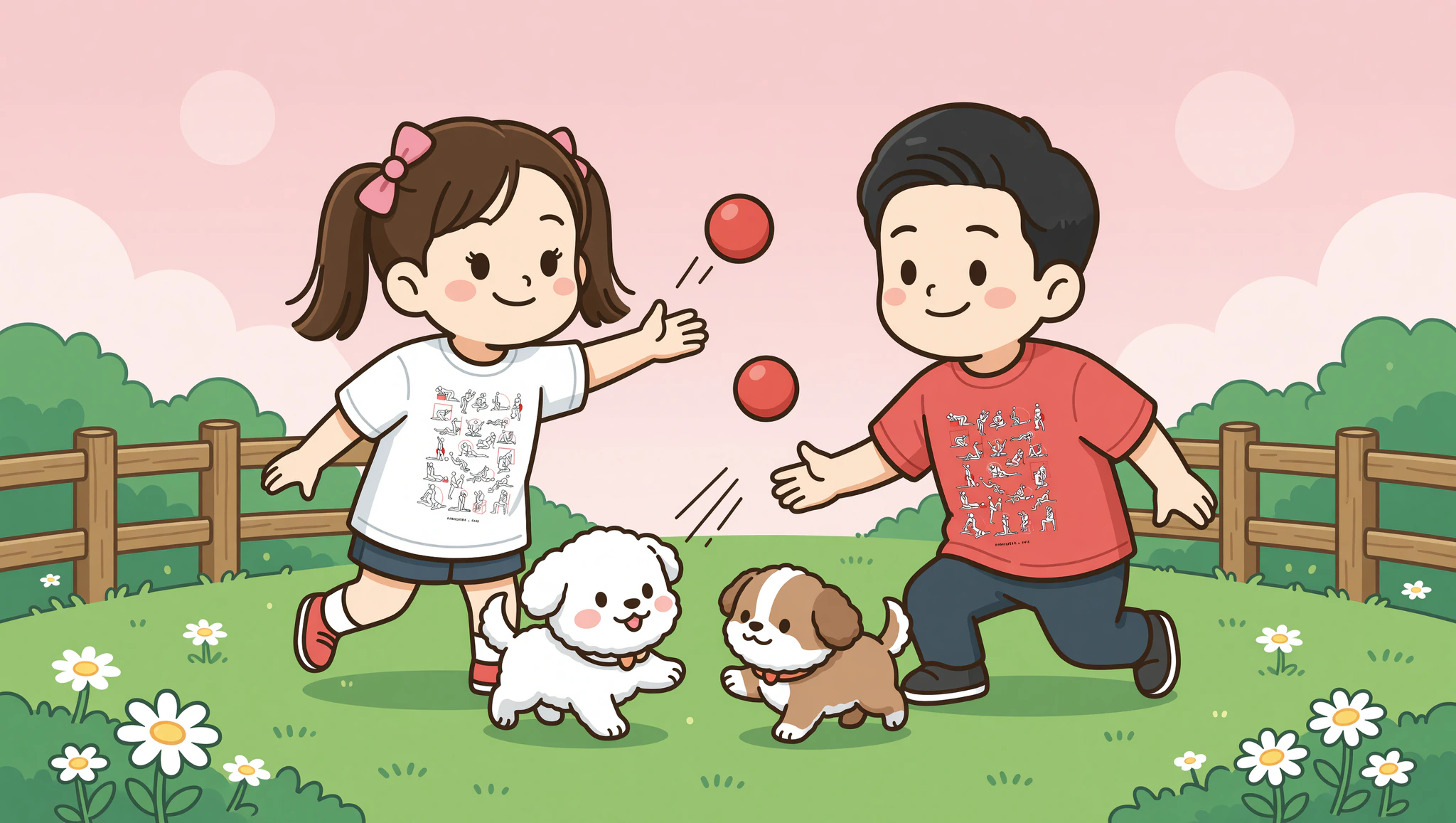 Chibi couple in Kamasutra tees romping with dogs at park