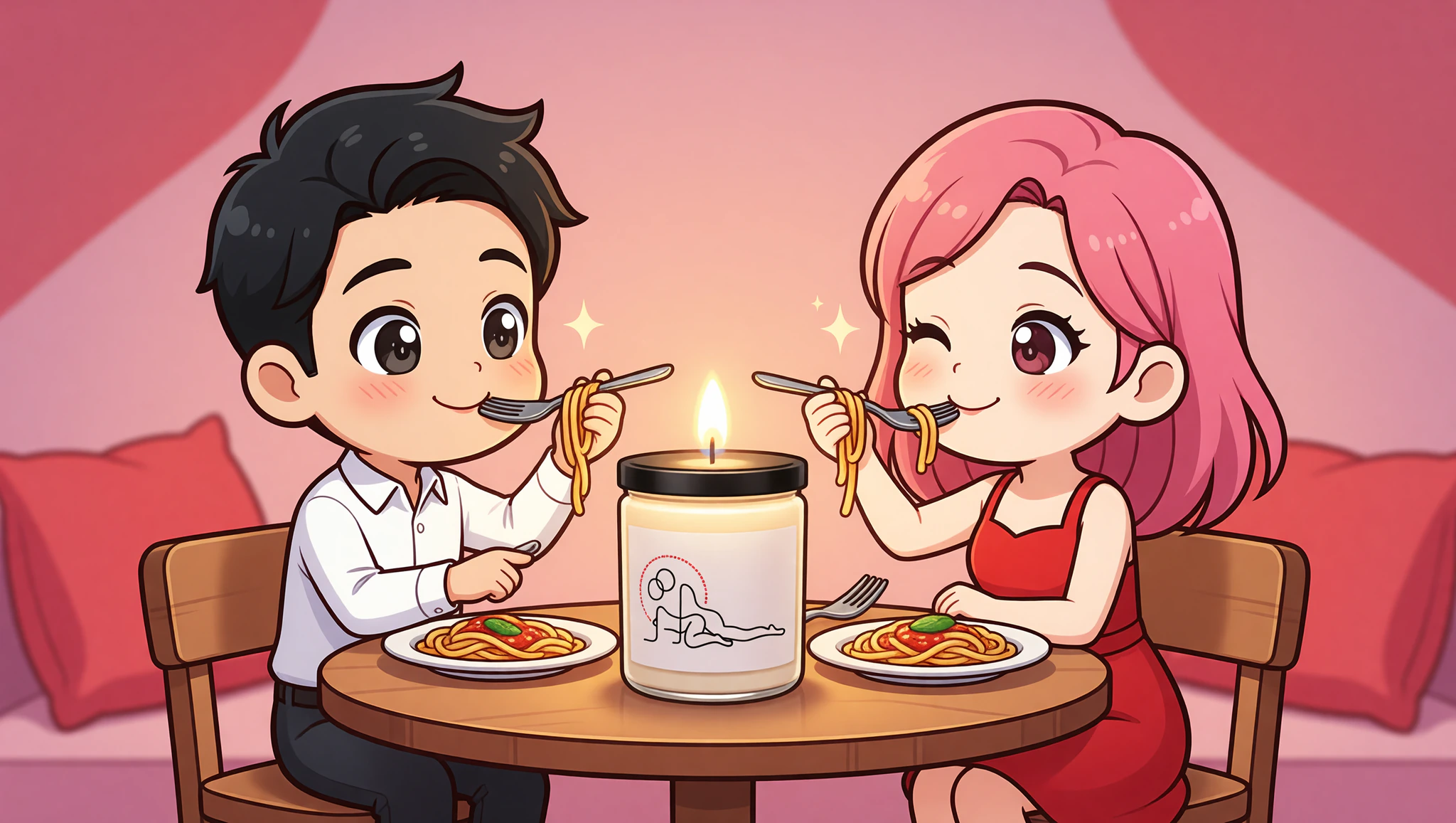 Couple enjoying candlelit pasta date with Kamasutra Cute scented soy candle.