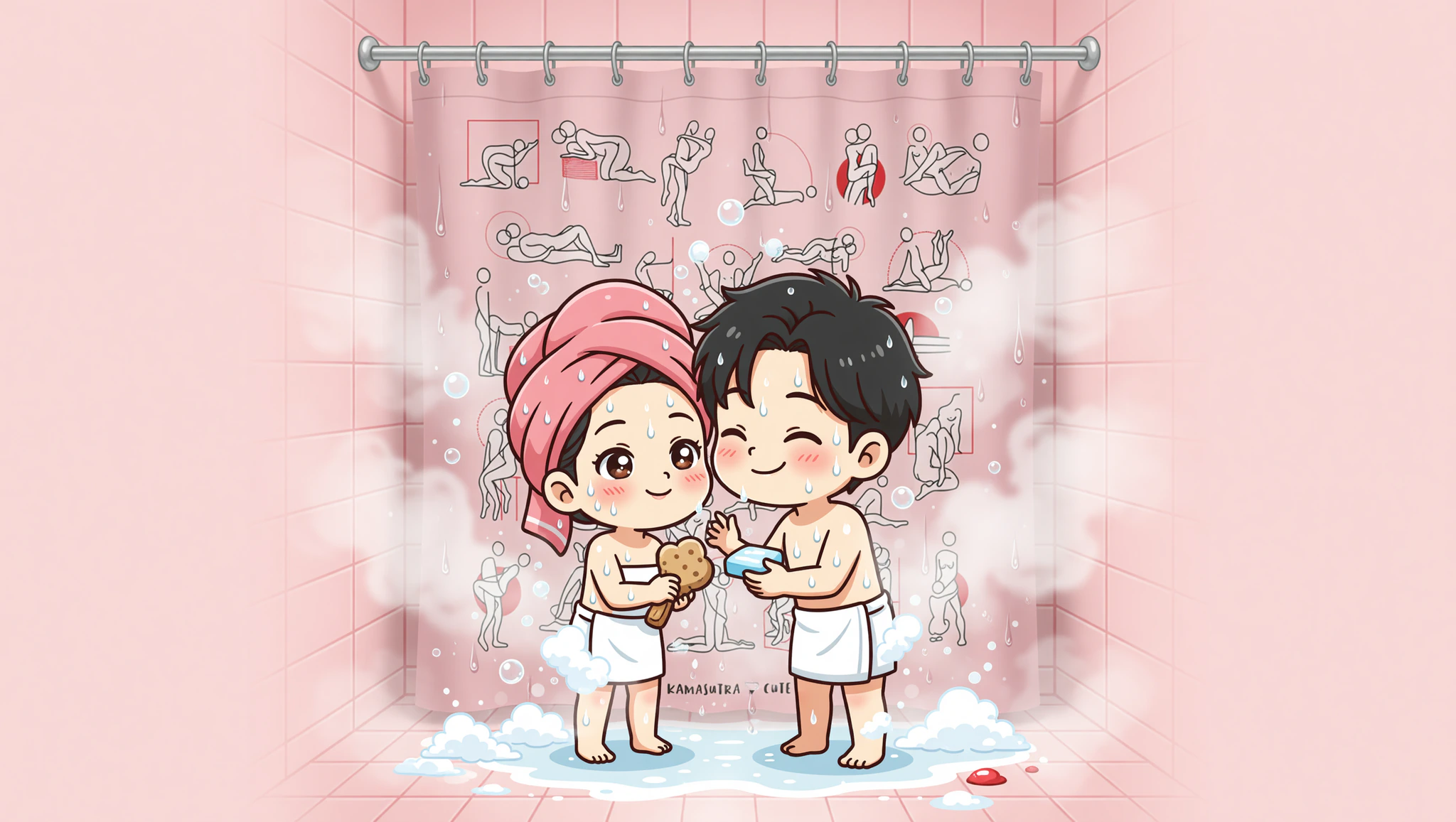 Flirty couple in steamy post-gym shower with Kamasutra Cute curtain