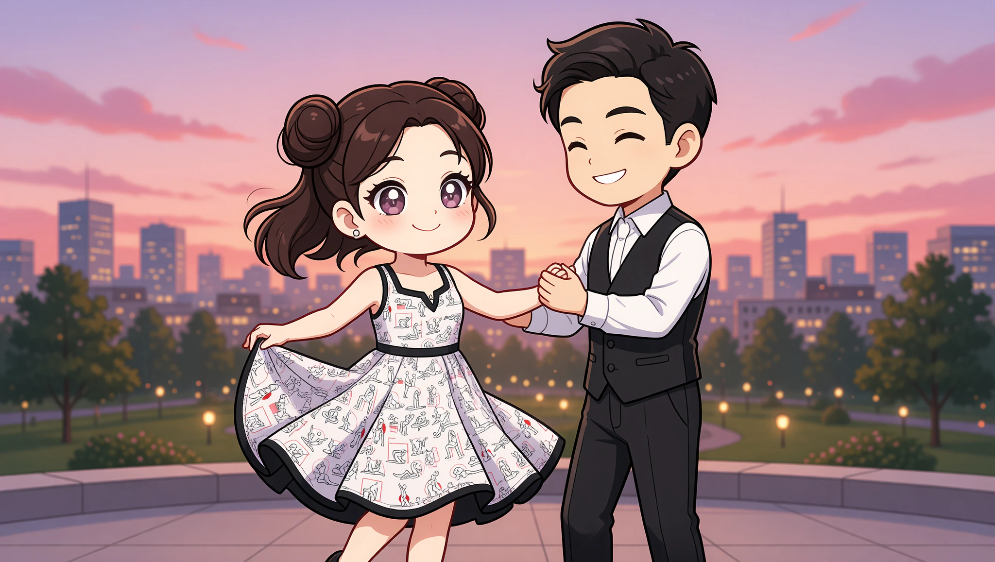 Couple in Kamasutra Cute Skater Dress enjoying romantic swing dance lesson evening.