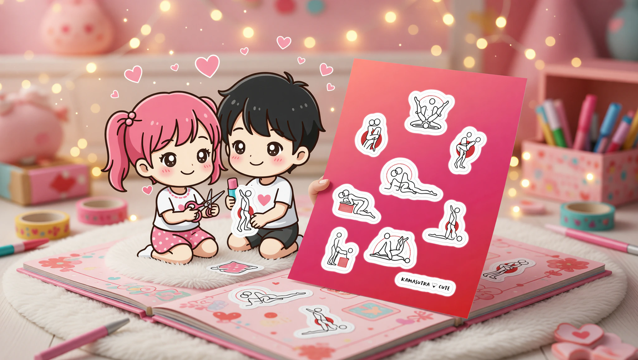 Chibi couple crafting flirty scrapbook with Kamasutra cute stickers