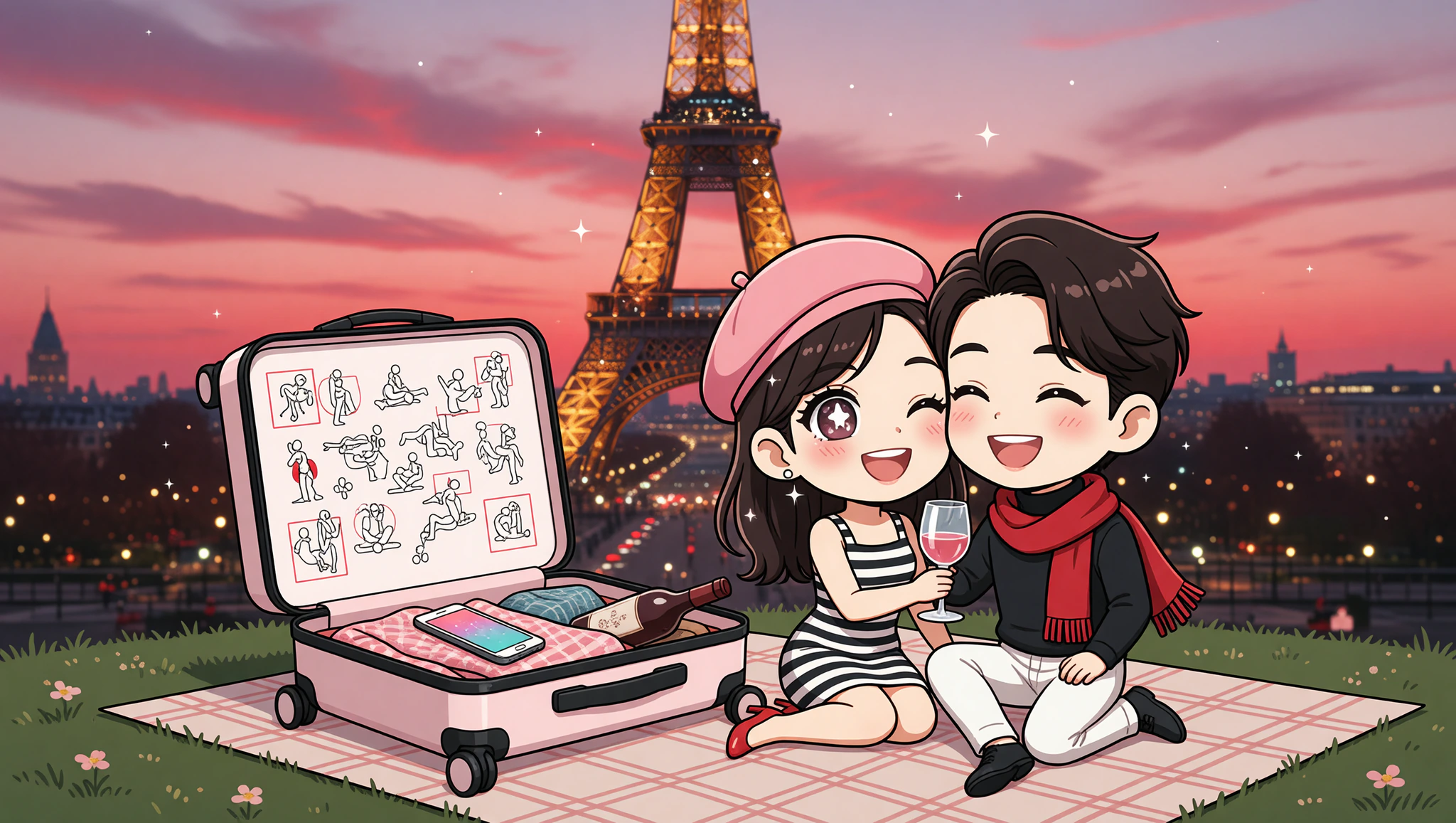 Couple on Eiffel Tower picnic date with Kamasutra Cute suitcase