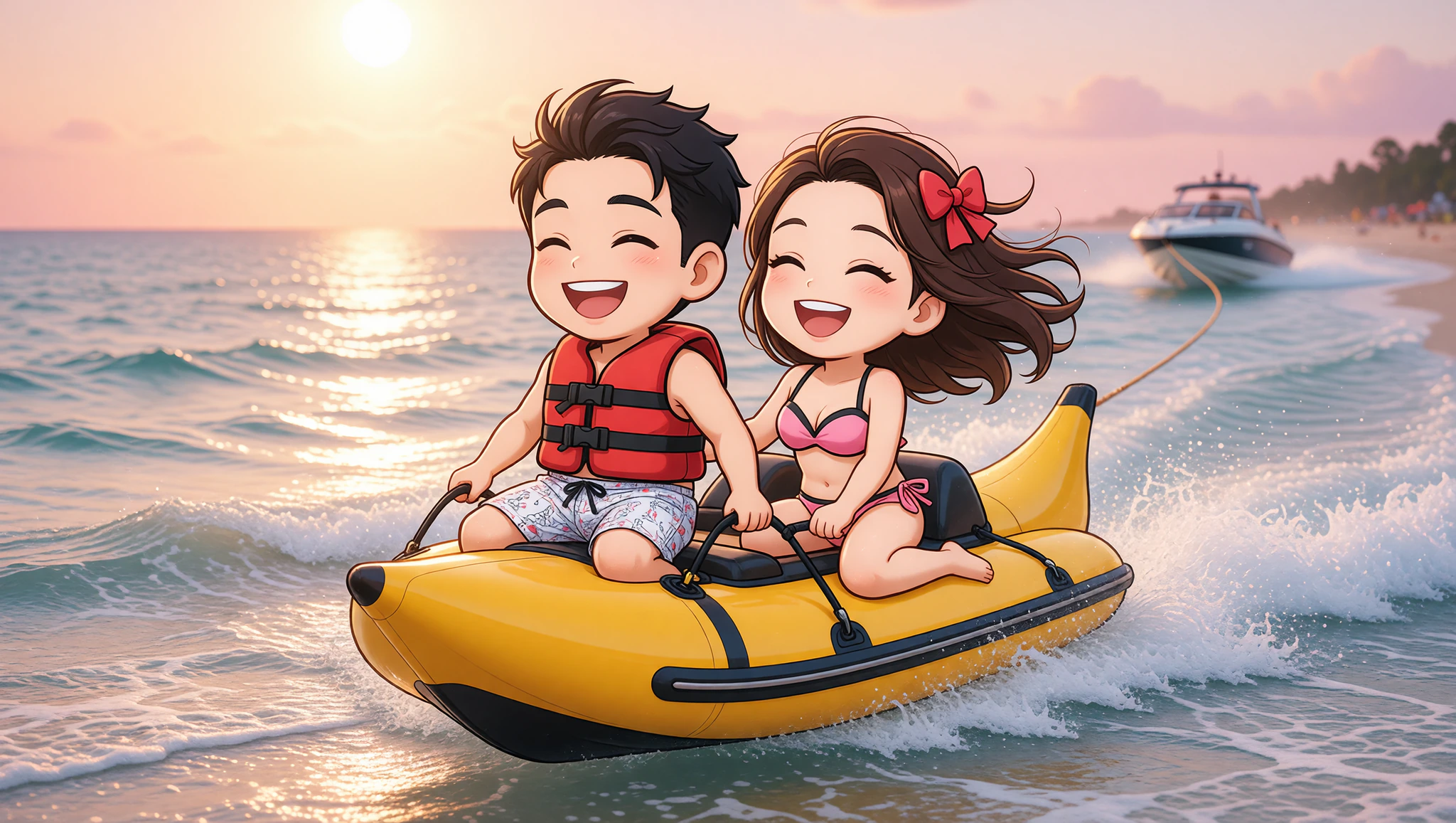 Couple enjoying banana boat ride in Kamasutra Cute swim trunks