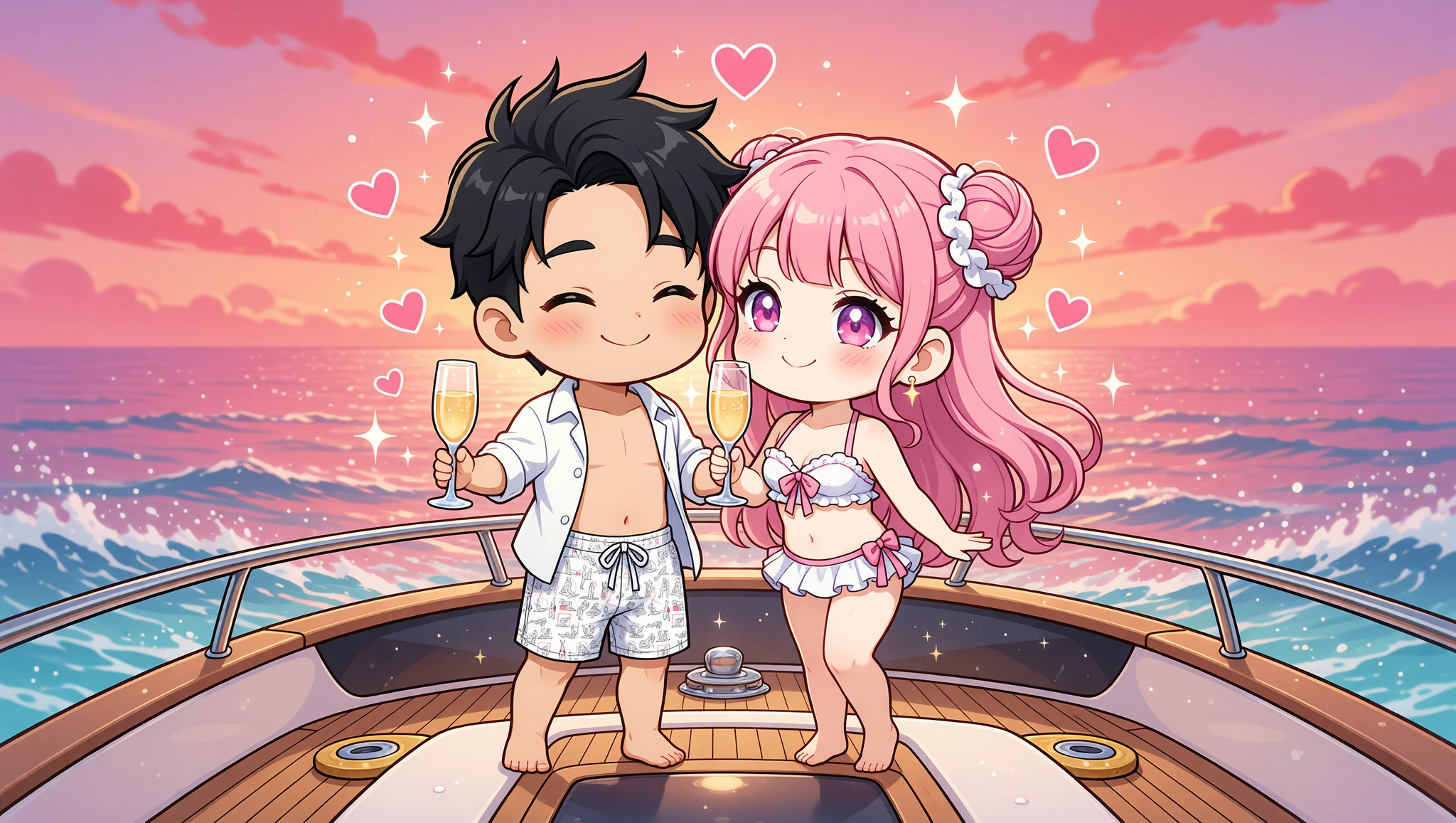 Chibi couple flirting on yacht in Kamasutra Cute swim trunks