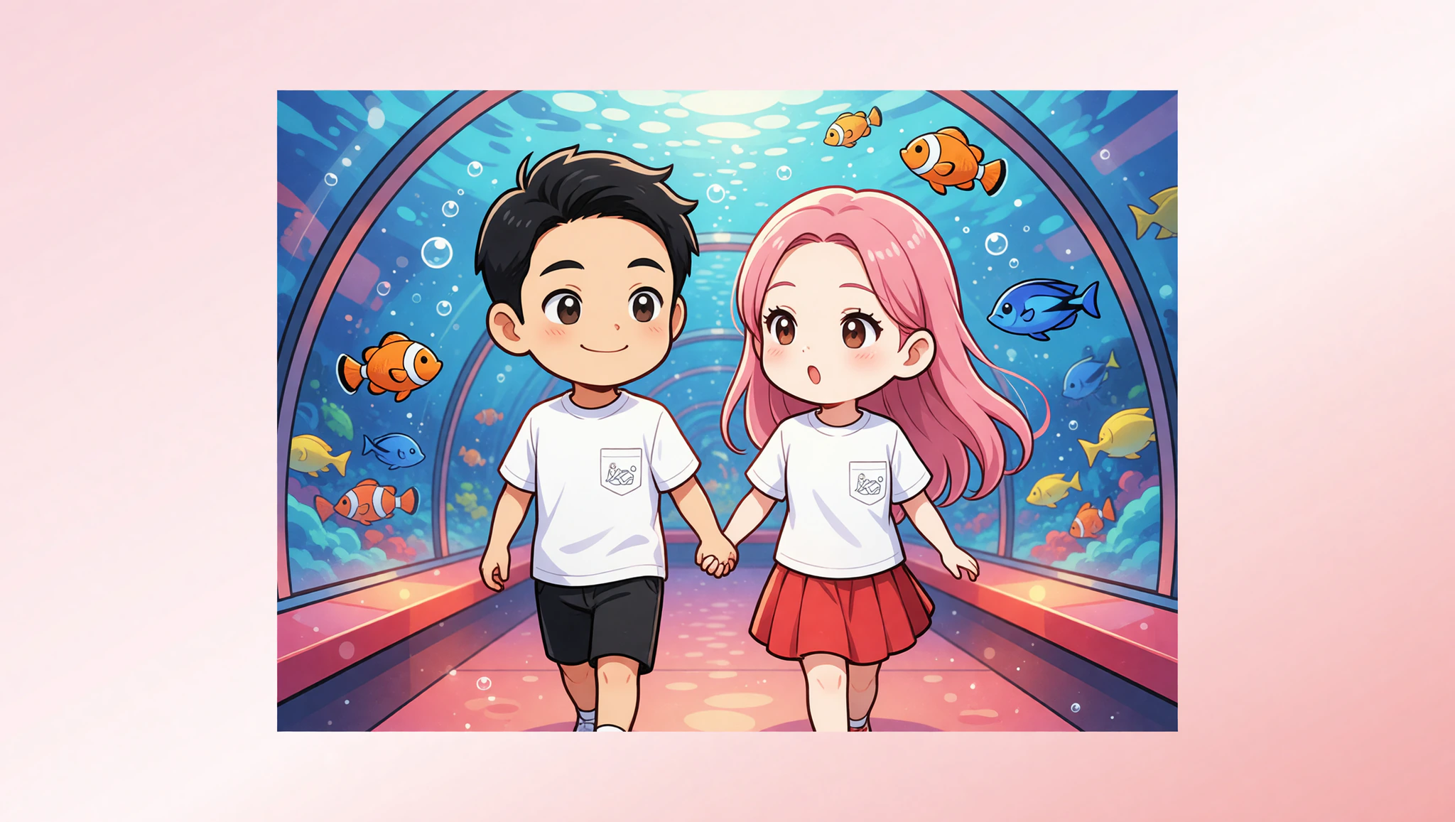 Chibi couple in Kamasutra Cute tees enjoying aquarium tunnel date.