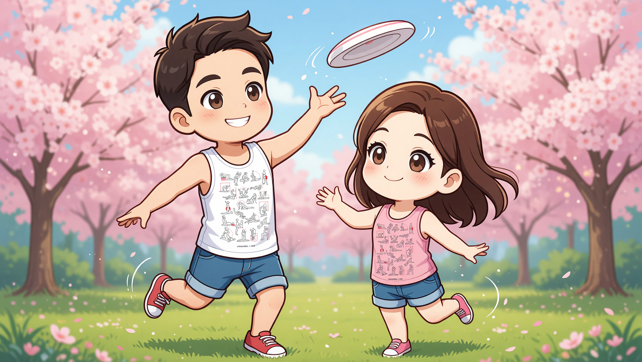 Chibi couple frisbee showdown in Kamasutra tank top.