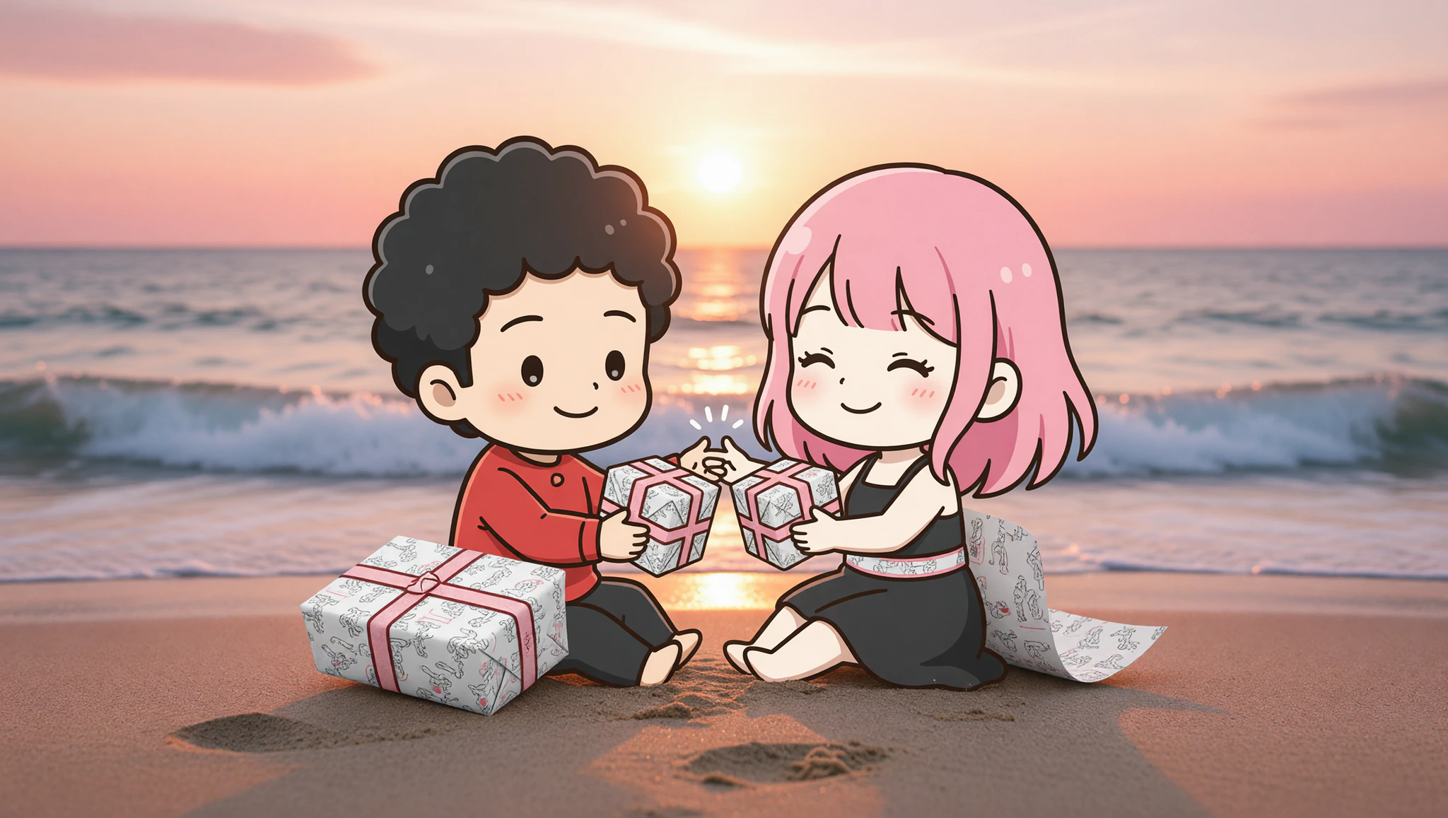 Couple on beach swapping anniversary lingerie in Kamasutra Cute wrapping paper sheets.