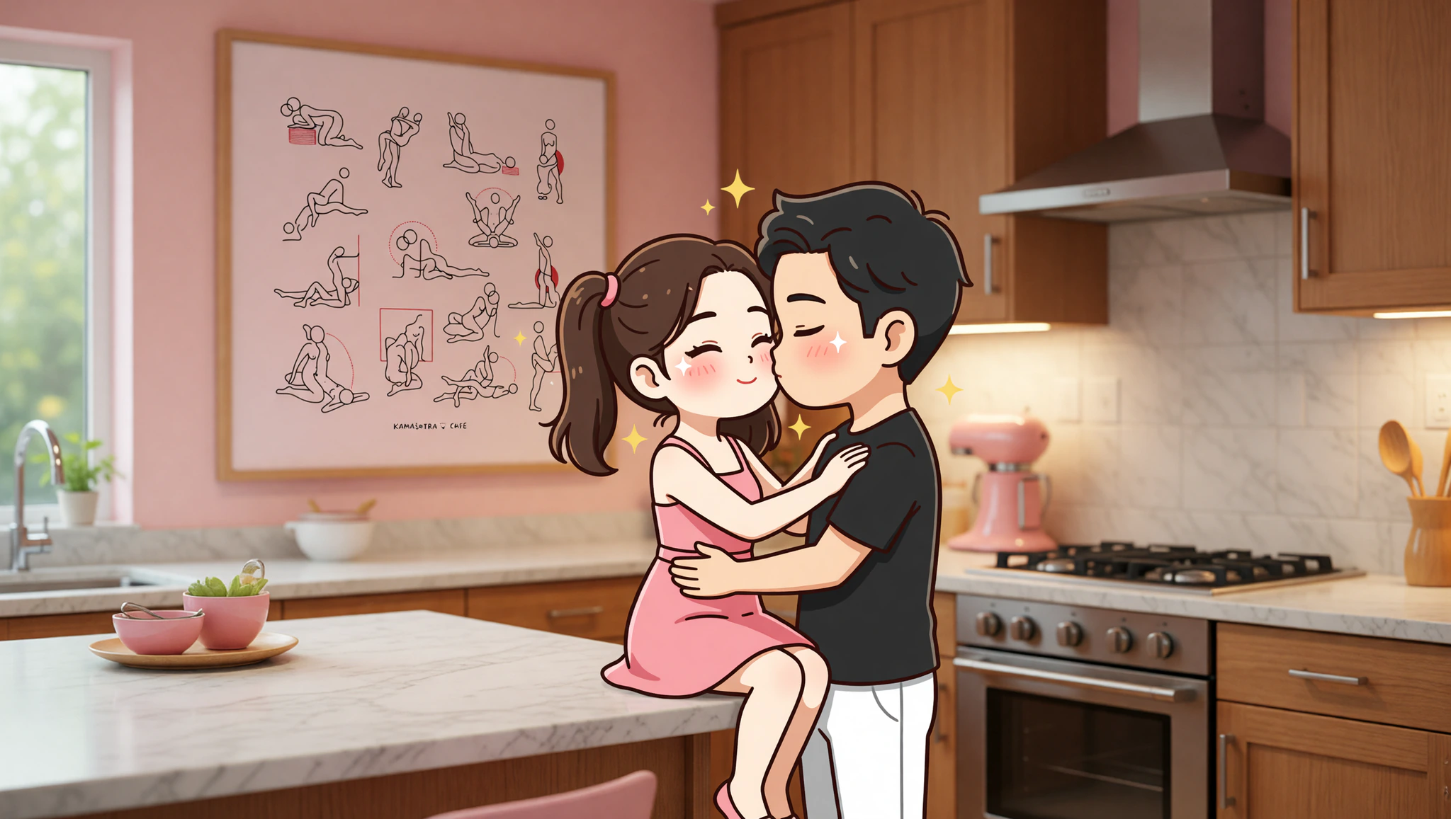 A man and woman share an intimate moment with her on the kitchen counter and him standing close.