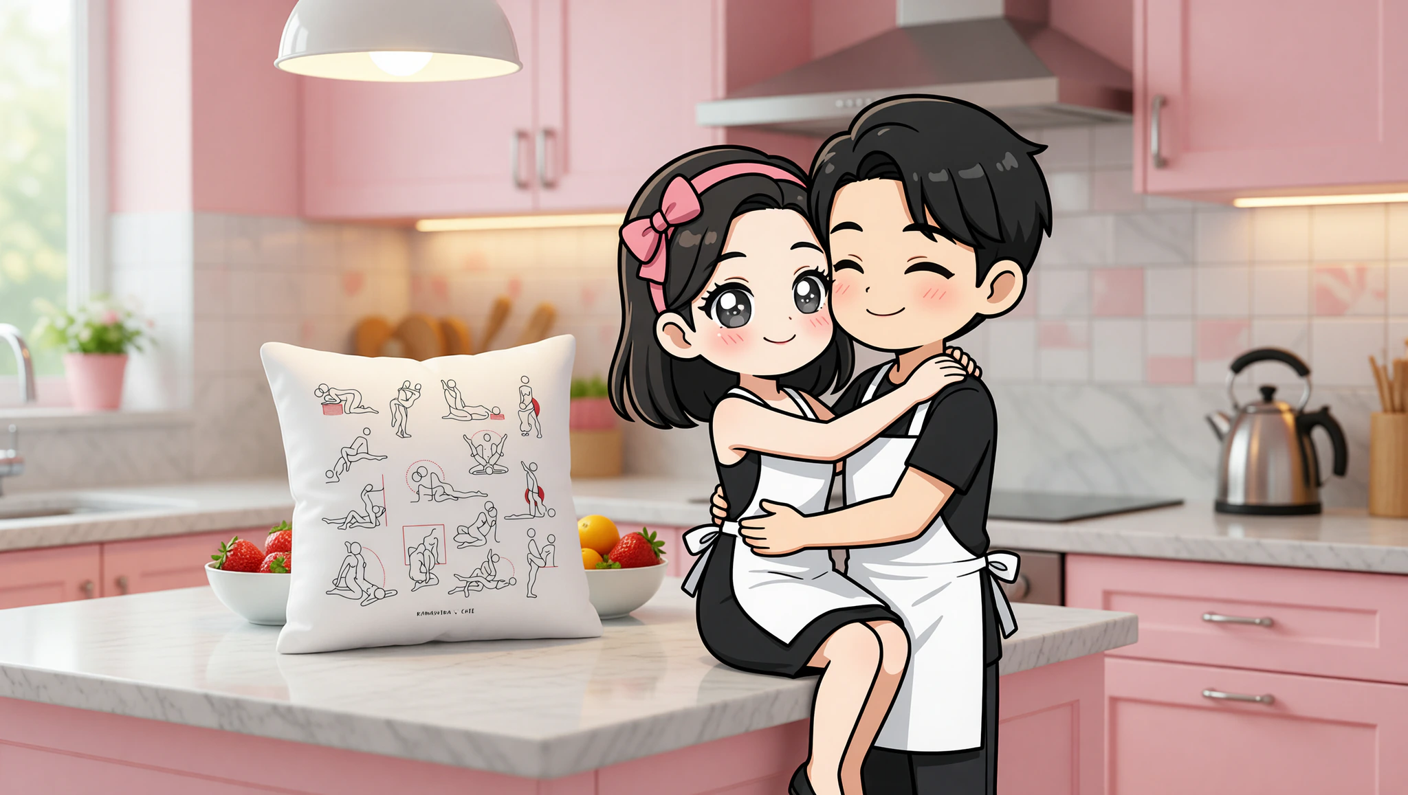 A loving man and woman share a steamy embrace in a kitchen sizzle position on the countertop.