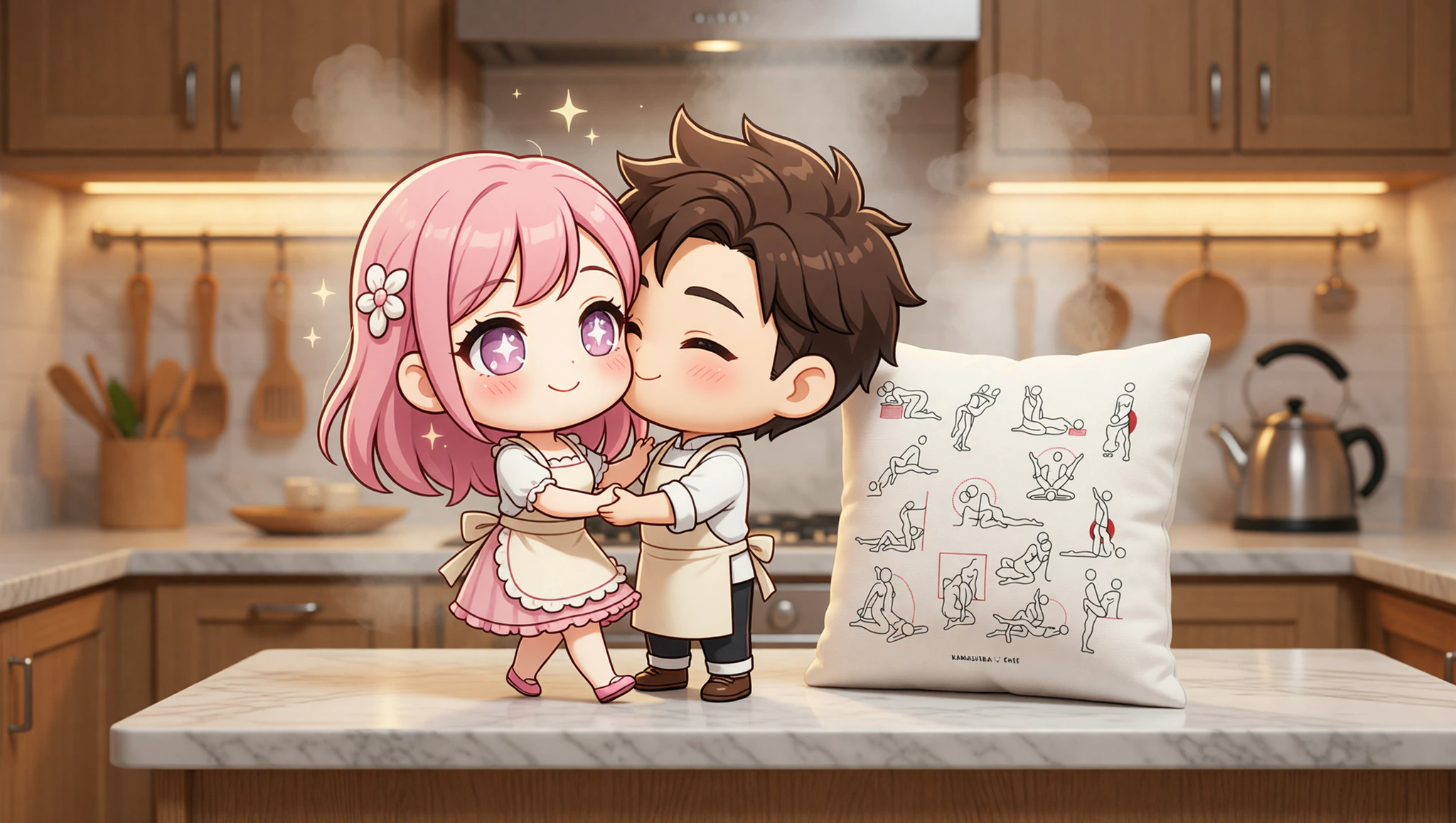 A man and a woman sharing an intense, passionate embrace on a kitchen counter in a cozy home setting.