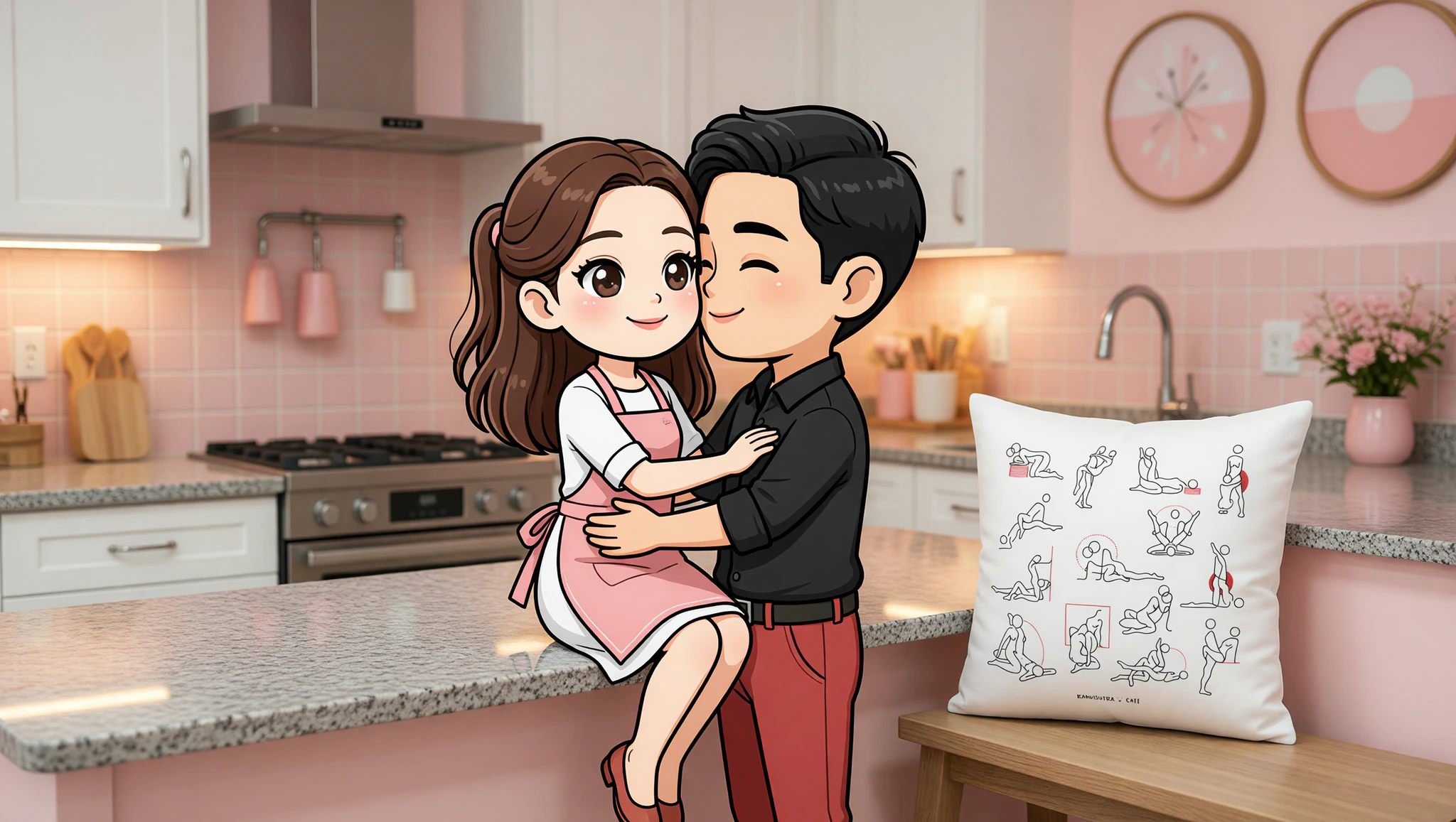 Heterosexual couple passionately engaged in countertop sex position in a cozy kitchen.