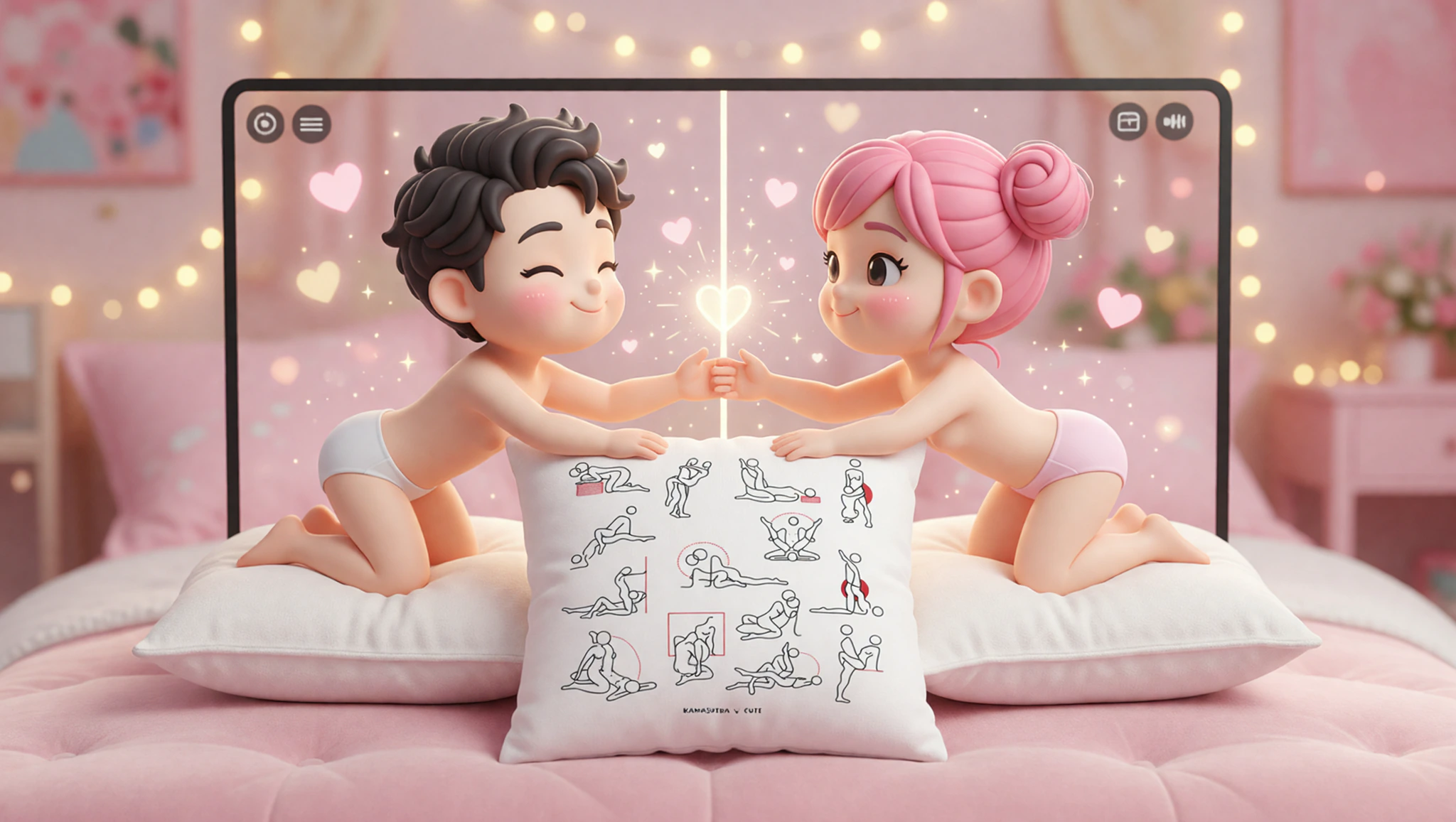 A man and woman sharing a steamy video call, mirroring seductive positions to spark long-distance desire.