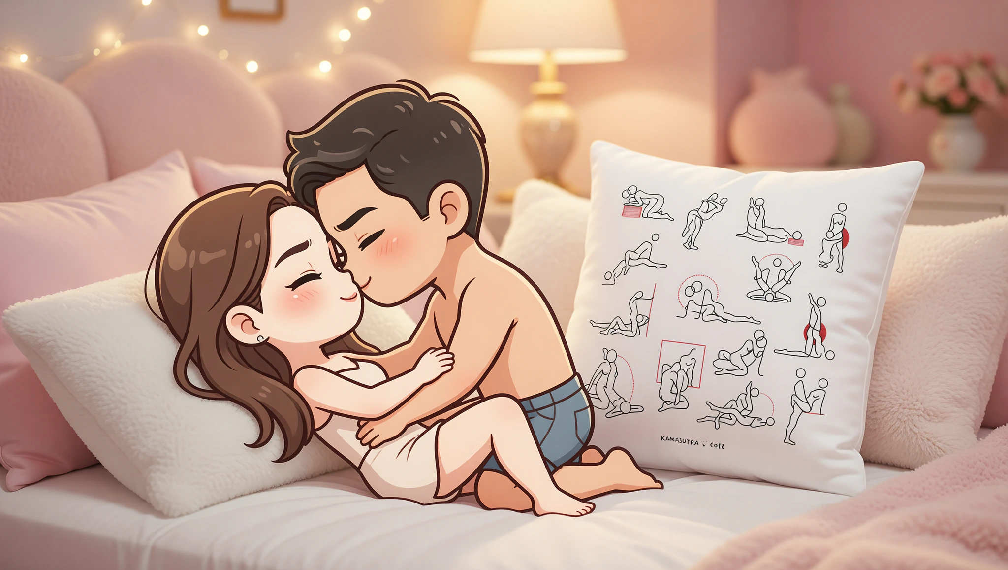 A man and woman reconnecting intimately in missionary position on a cozy bed.