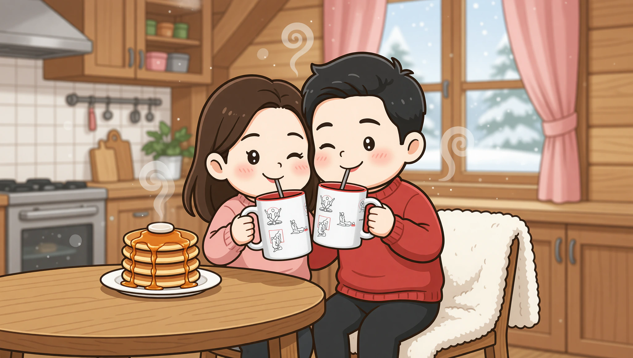 Chibi couple sharing flirty coffee in cabin kitchen.