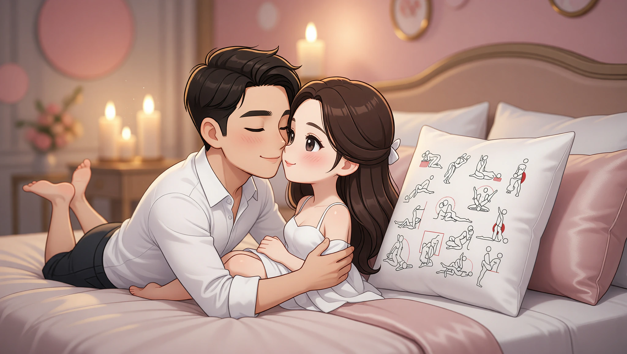 Newlywed couple in missionary bliss on bed with supportive pillows, sharing passionate eye contact.