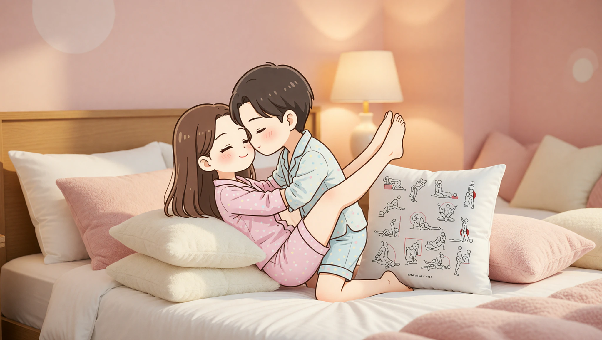 Man and woman in hip lift missionary position using bedroom pillows for support.