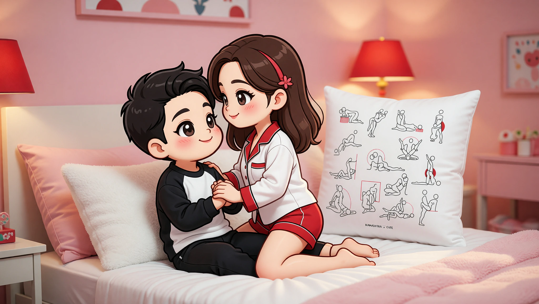 A man and a woman intimately connected in cowgirl position on their bedroom bed.