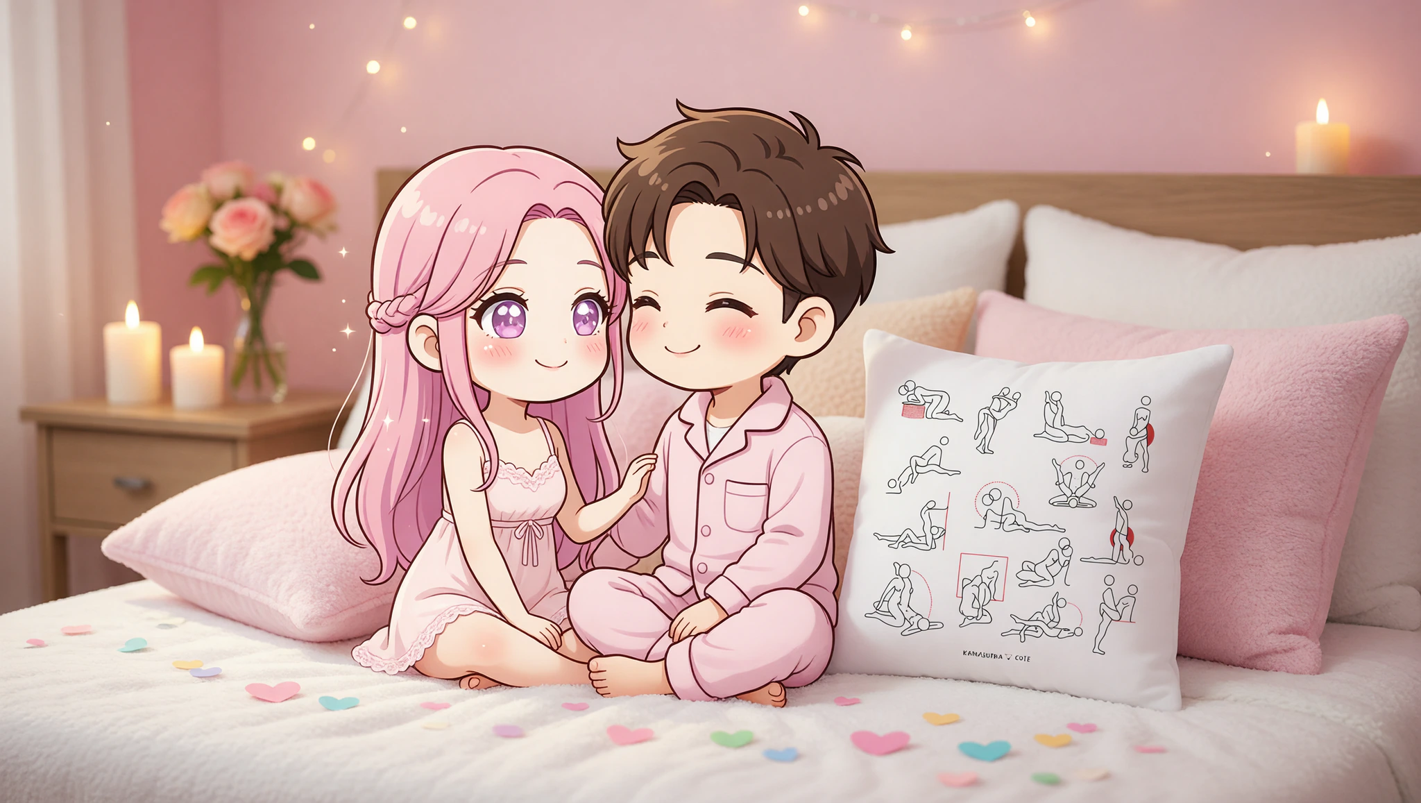 A man and woman in a loving lotus position on their anniversary bed, soft lighting and pillows around.