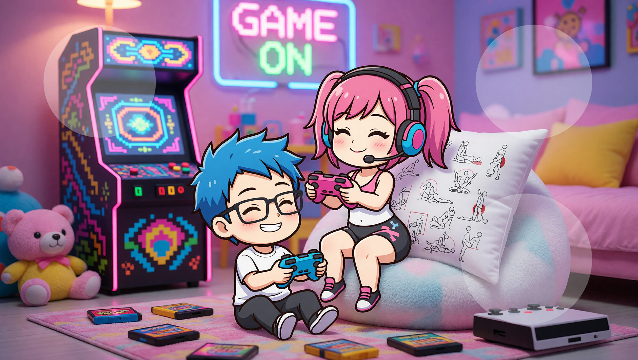 A man and woman enjoying a gamer-inspired reverse cowgirl position with playful gaming props in the background.