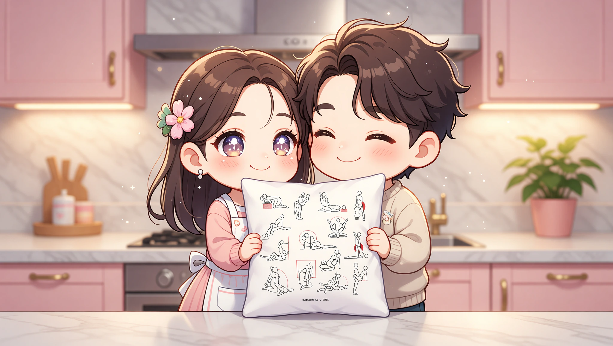 Man and woman in kitchen sharing a close moment by the counter.