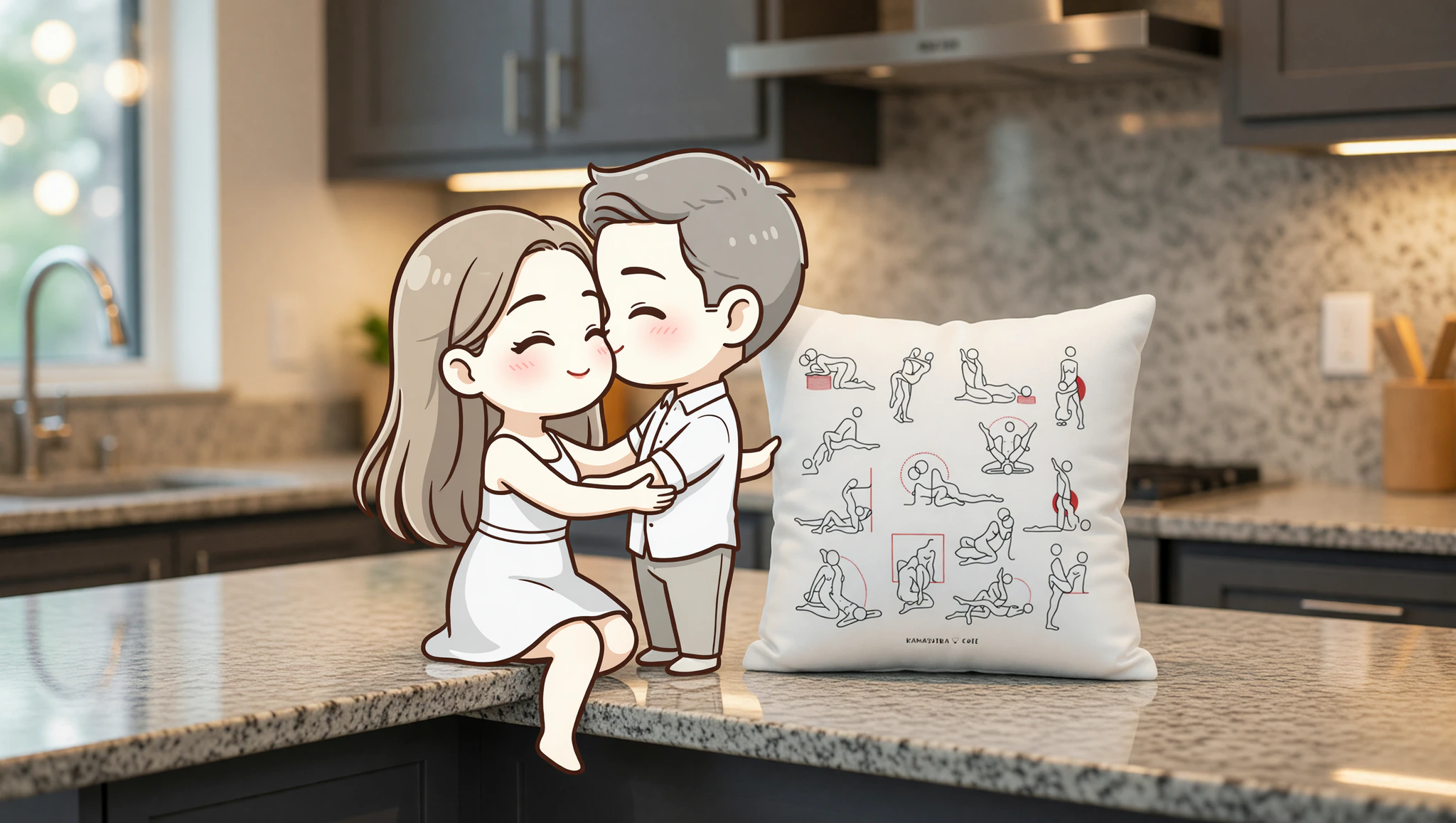 Man and woman couple enjoying a kitchen counter sex position with her perched on the edge.