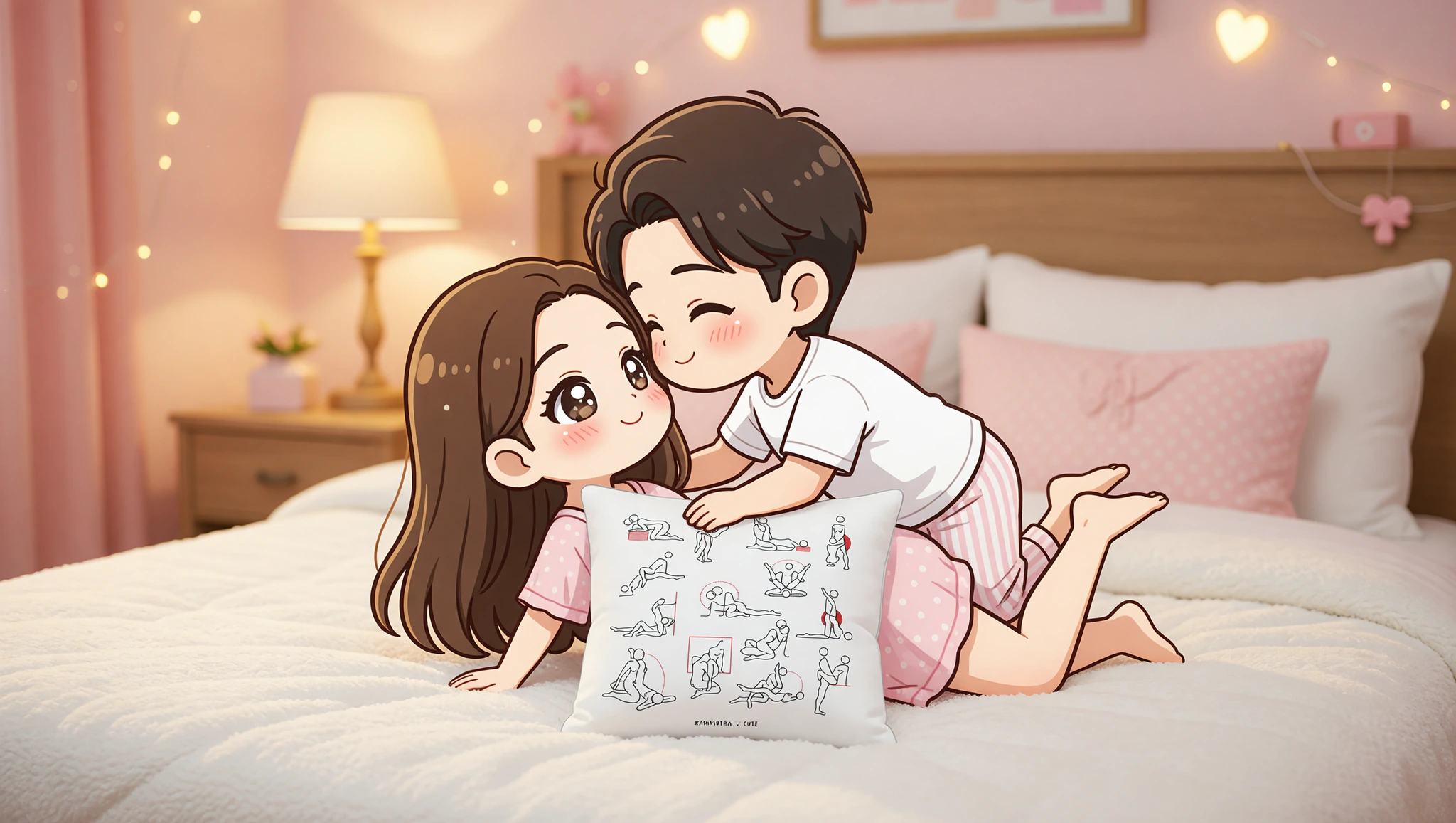 Newlywed couple in man on top position with pillow for support on their bed.