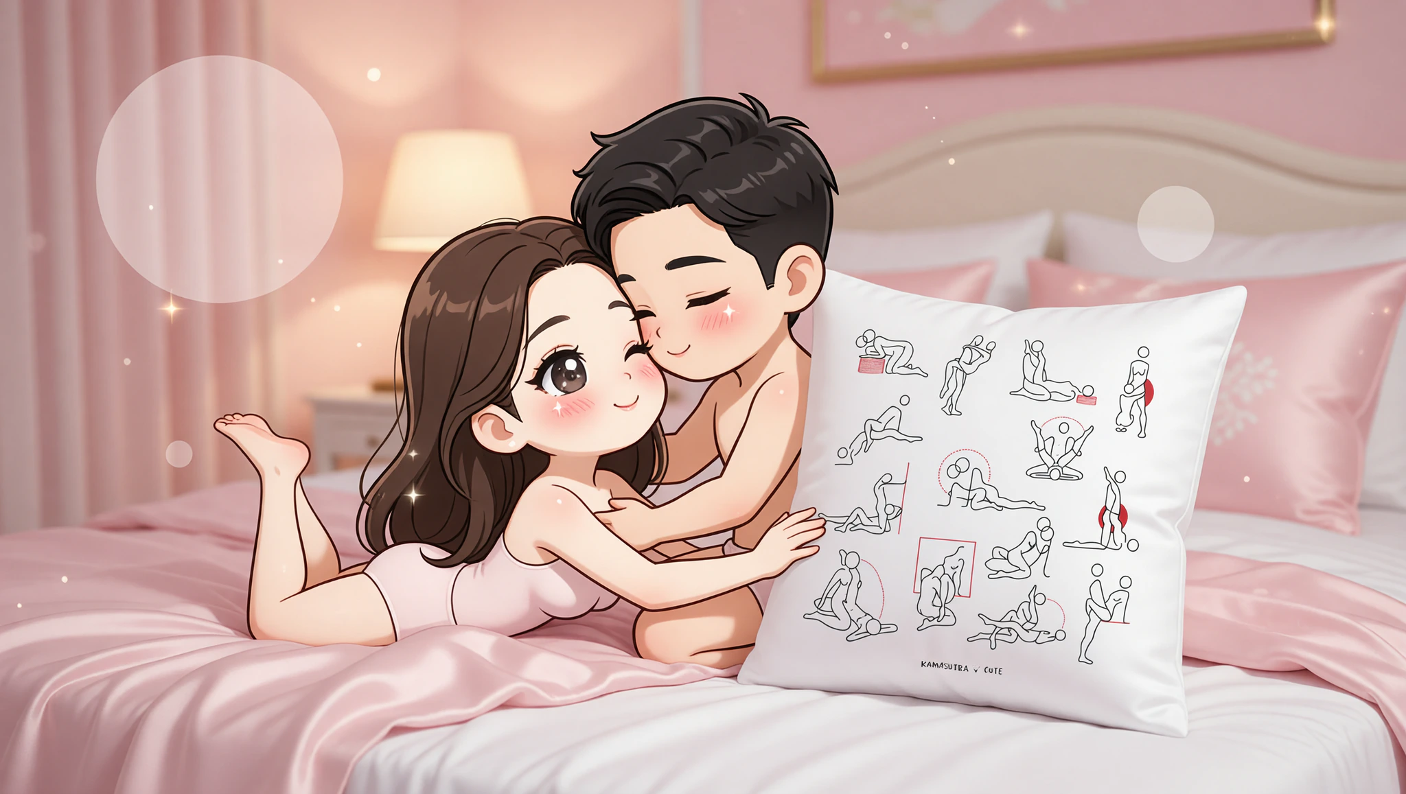 Newlywed couple sharing an intimate missionary embrace in a cozy bedroom.