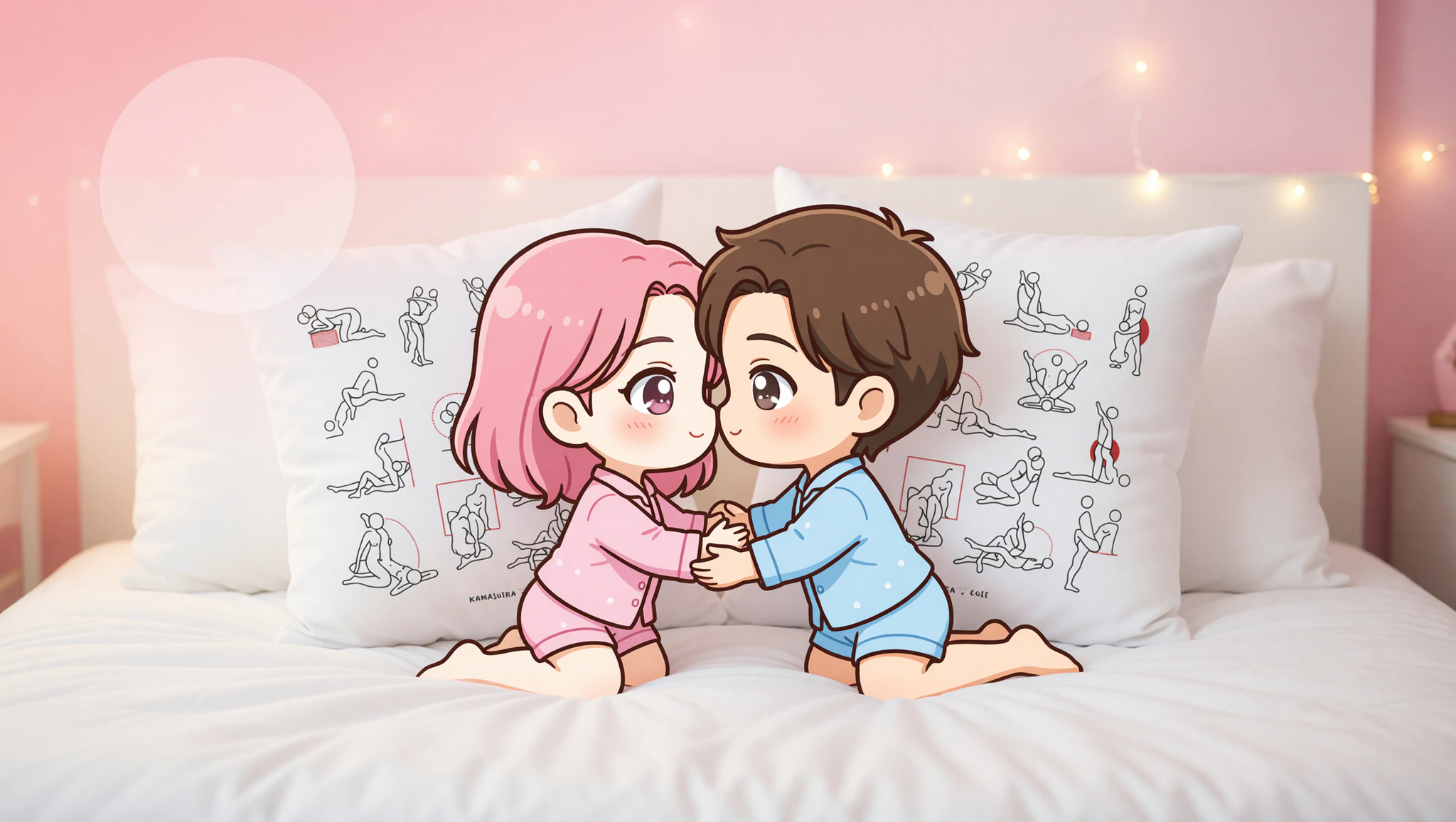 Man and woman couple lying face to face in bed during intimate moment.