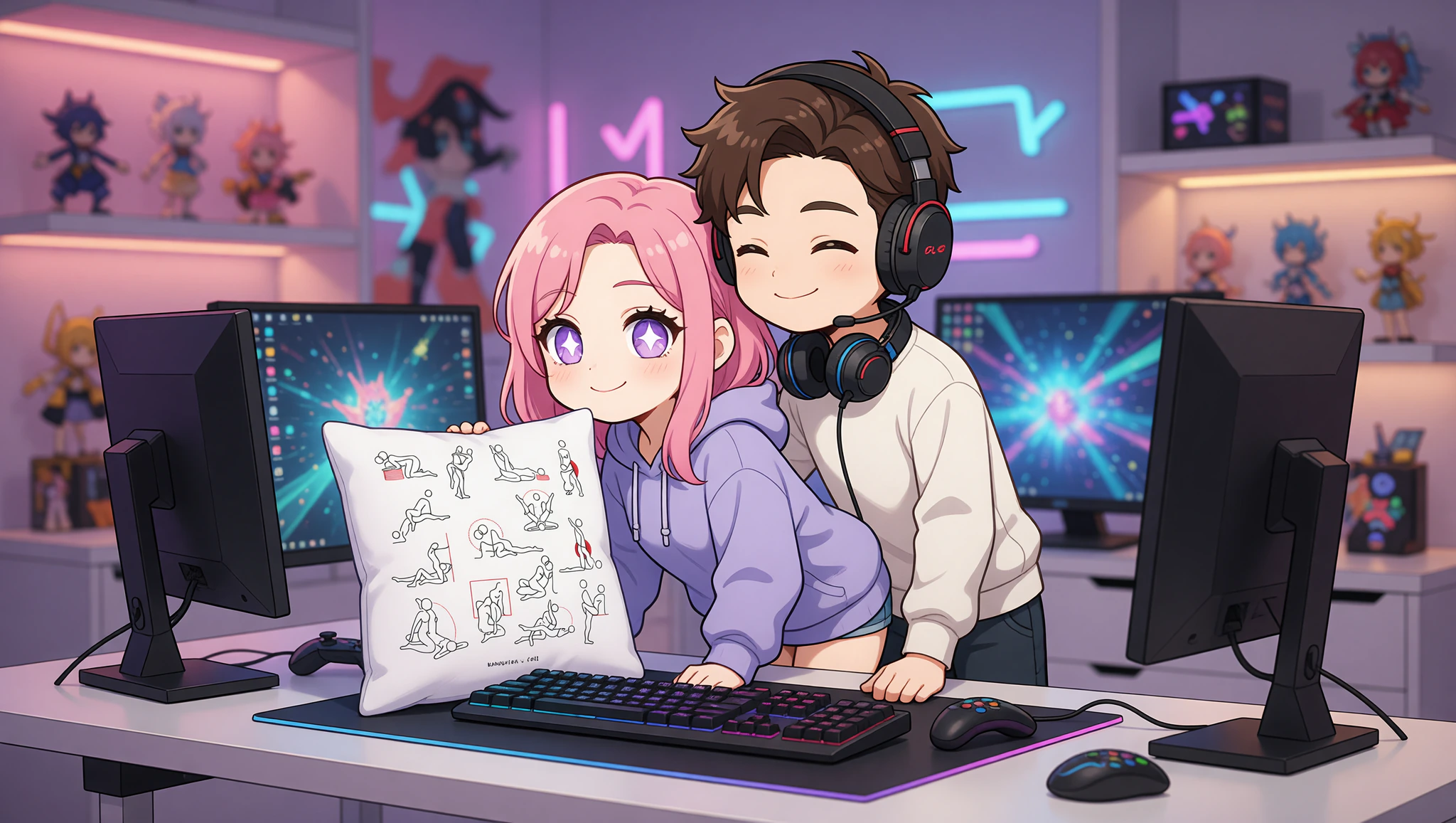 Man and woman enjoying a quick intimate break near gaming desk in home setup.