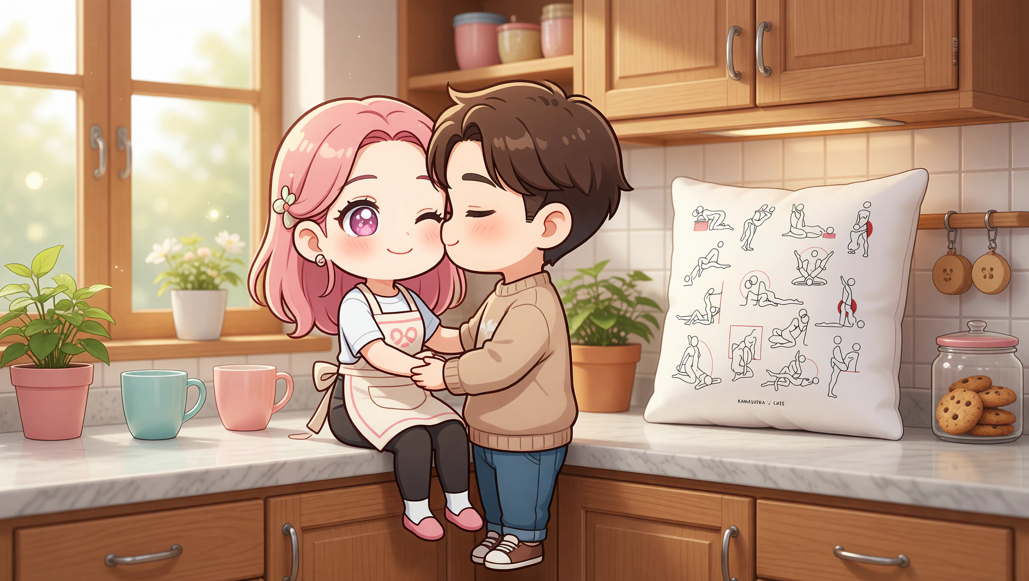 Couple in intimate position on kitchen counter edge.