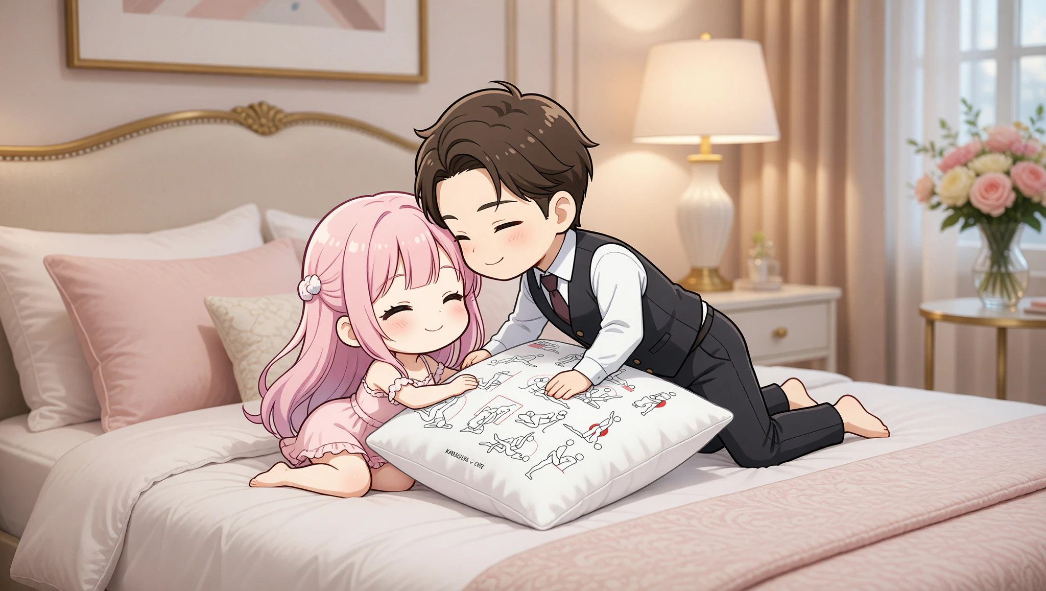 Elegant man and woman in elevated missionary on a bed, surrounded by intact stylish home decor.