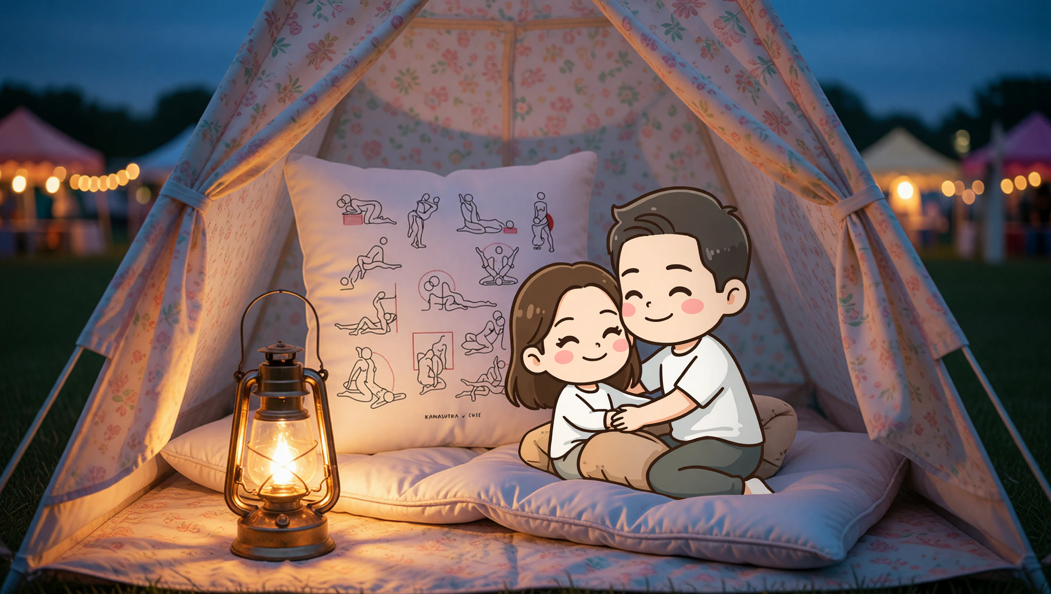 Couple in a close moment in a festival tent.