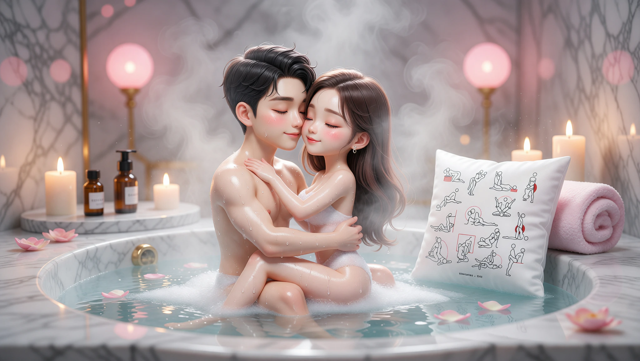 Romantic couple glowing in a spa-inspired Lotus Lather sex position surrounded by candles and oils.