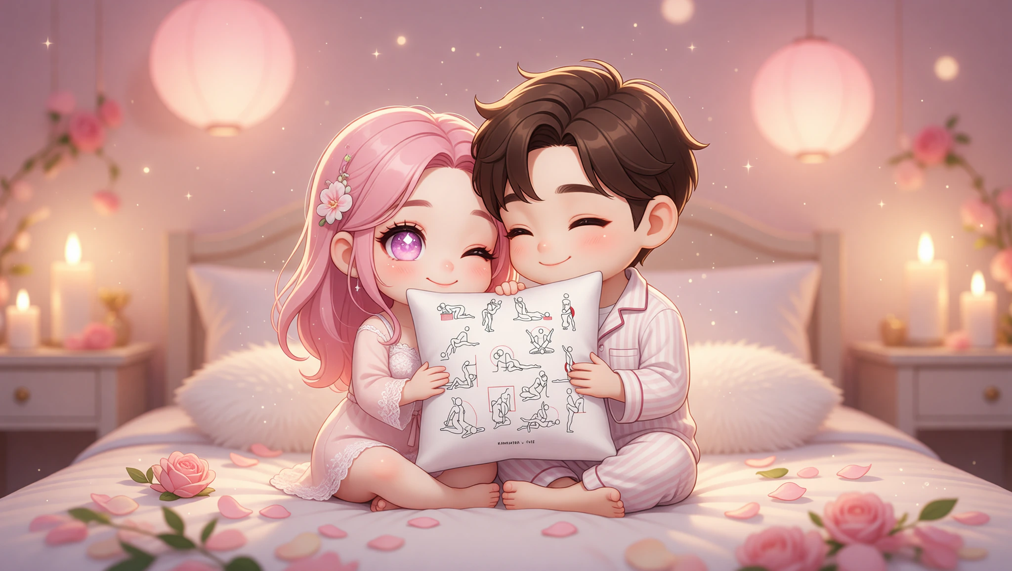 A loving man and woman sharing an intimate lotus embrace on their anniversary night.