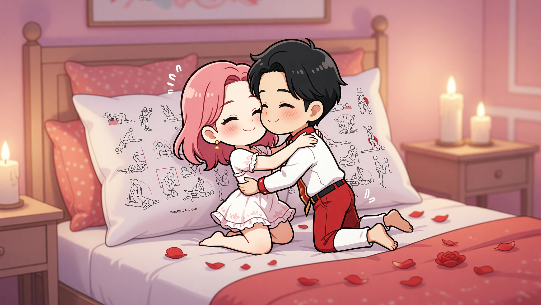 A man and woman sharing an intimate elevated missionary embrace on anniversary night with pillows and candlelight.