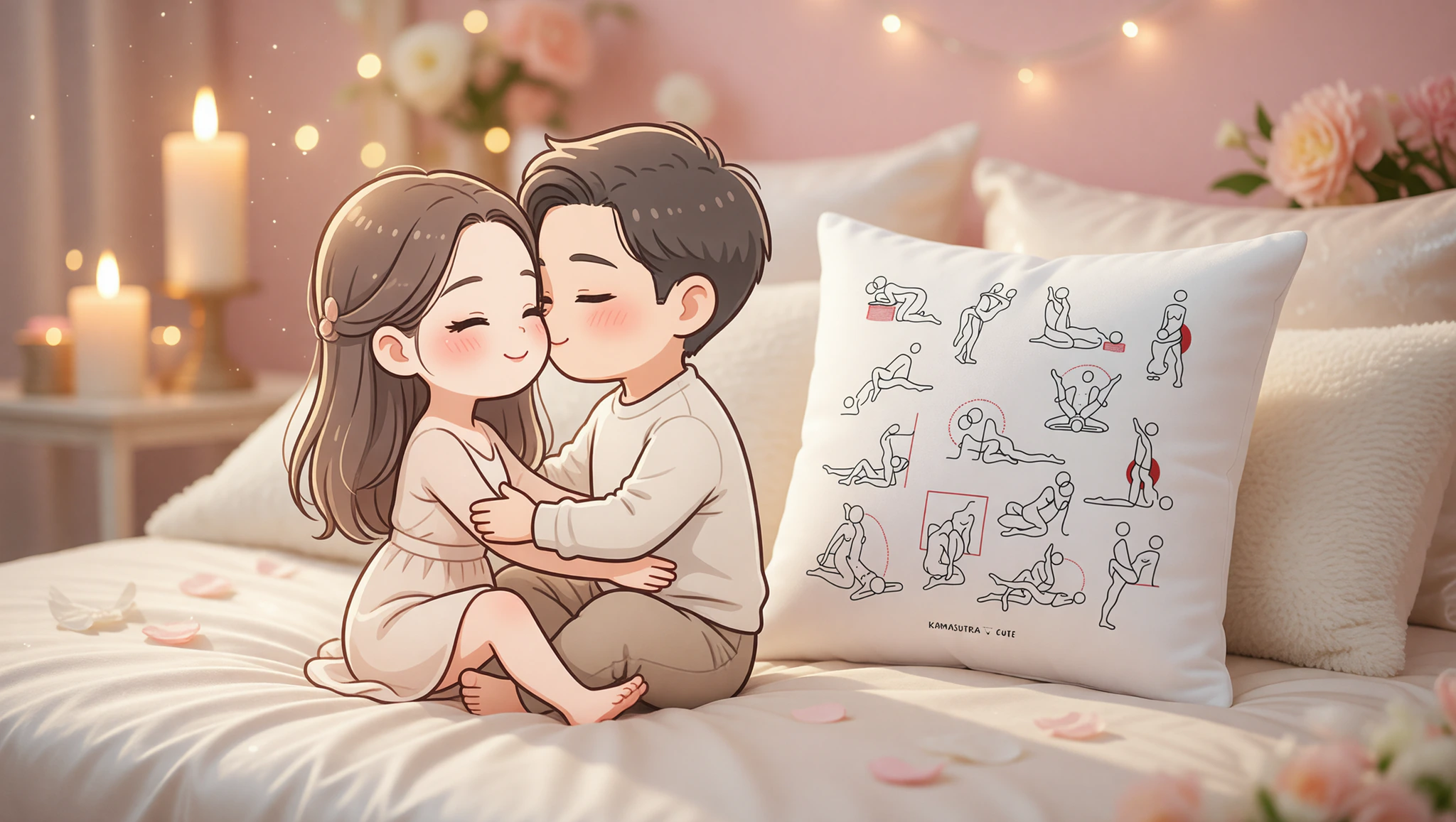 A loving man and woman in a tender lotus embrace on anniversary night with supportive pillow.