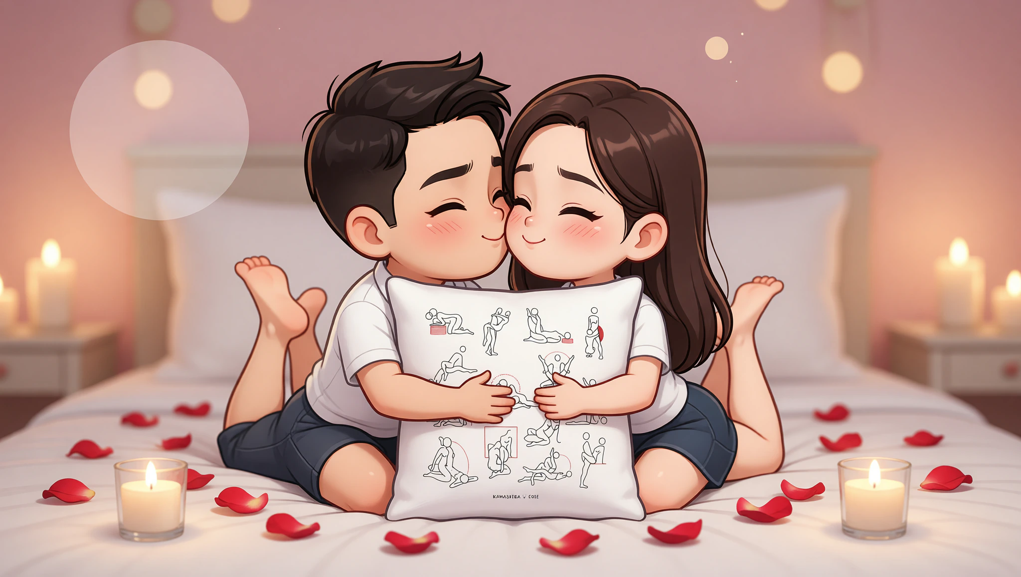 Man and woman in legs-on-shoulders missionary position on an anniversary bed with romantic decor.