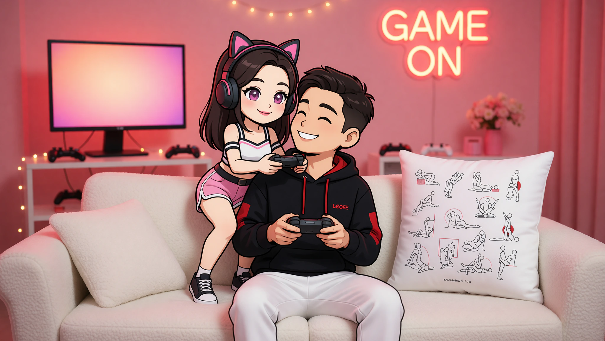 Excited man and woman couple in a sexy straddling position on the couch amid gaming gear during a heated gamer night.