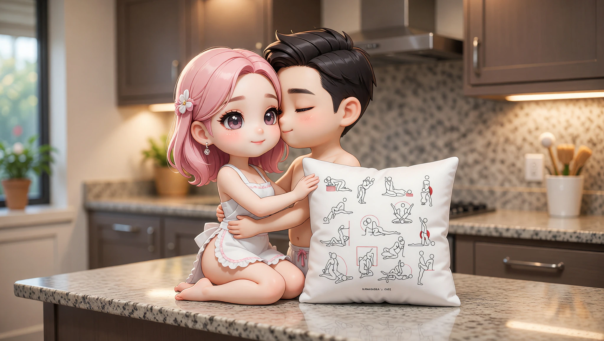Passionate couple exploring intimate kitchen counter position with intense eye contact.
